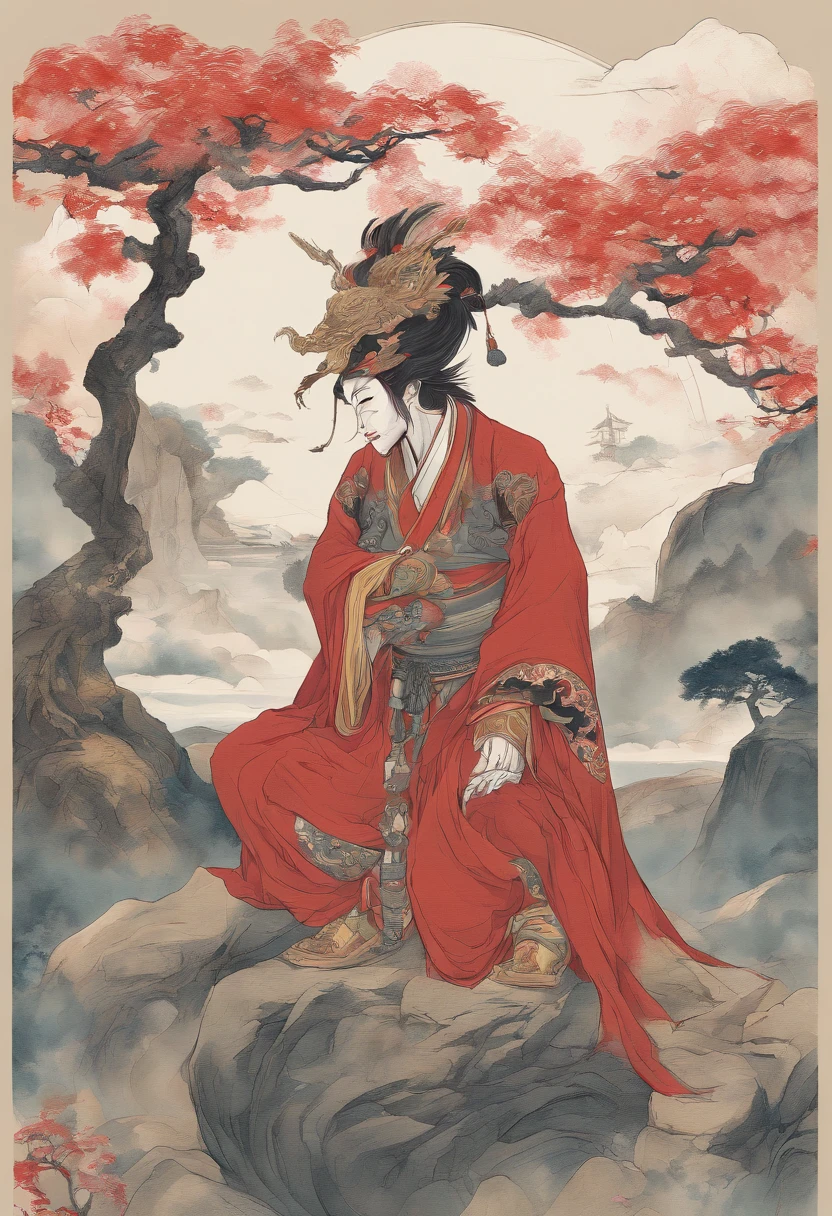 Japanese Mythology,a Tengu warrior, Tengu japan Guanyin, Inspired by India, sugegasa,hat sugegasa, red mask, long nose, together nose, serene expression, Shui Mo Hua, lotus, Chinese painting style, Thangka style