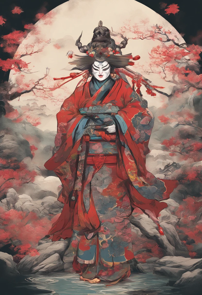 Japanese Mythology,a Tengu warrior, Tengu japan Guanyin, Inspired by India, sugegasa,hat sugegasa, red mask, long nose, together nose, serene expression, Shui Mo Hua, lotus, Chinese painting style, Thangka style