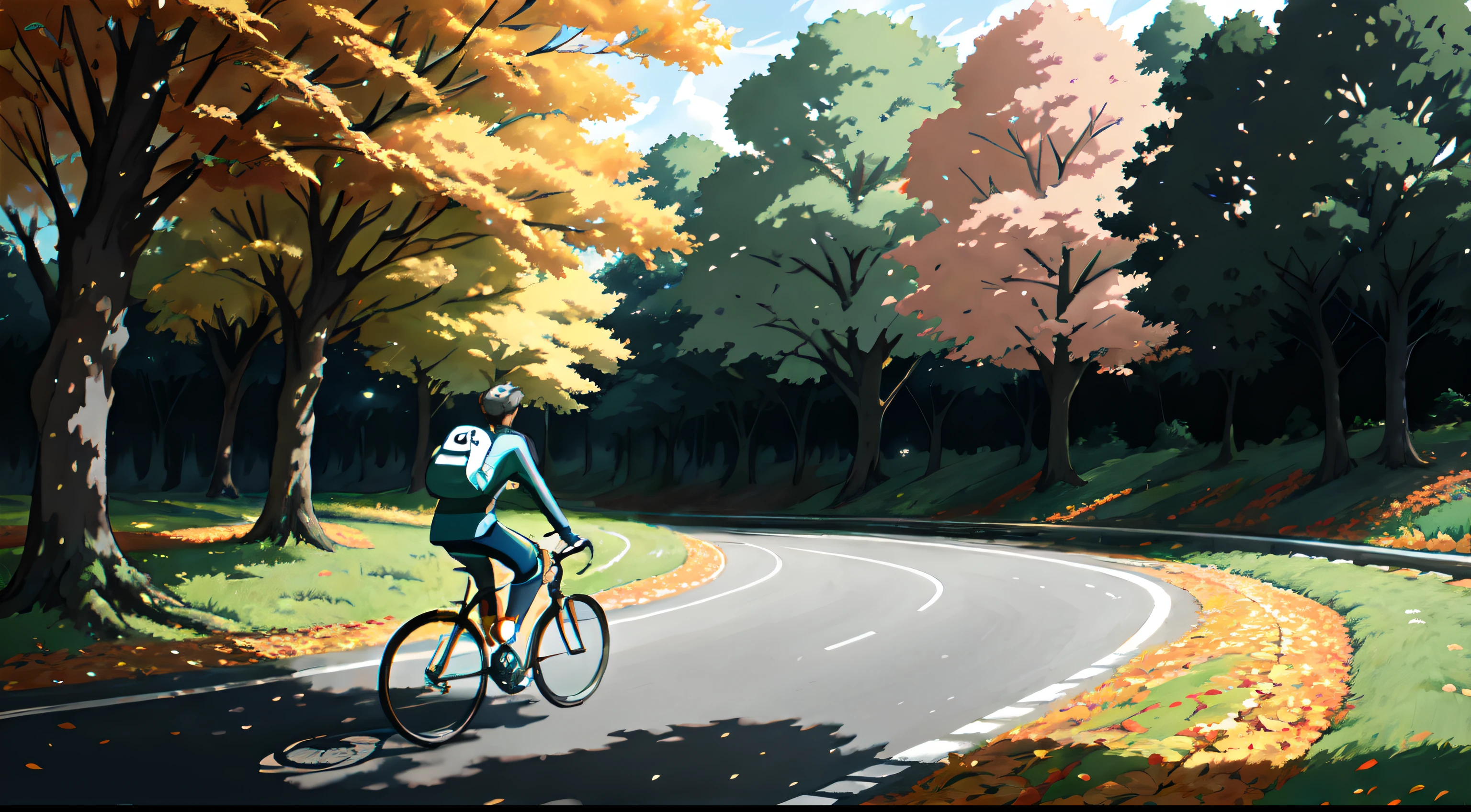 (cycliste seul: 1.5), (Realistic bike: 1.5), (realistic cyclist: 1.5), (automne: 1.5), Plan en gros plan, Le meilleur des meilleurs, orange leaves, nature, ambiance Landscaped background, ombres, contraste, Makoto Shinkai (beste-Qualit:1.3), (high resolucion:1) Art par Studio Ghibli Style, impressionnisme, couleurs vibrantes
