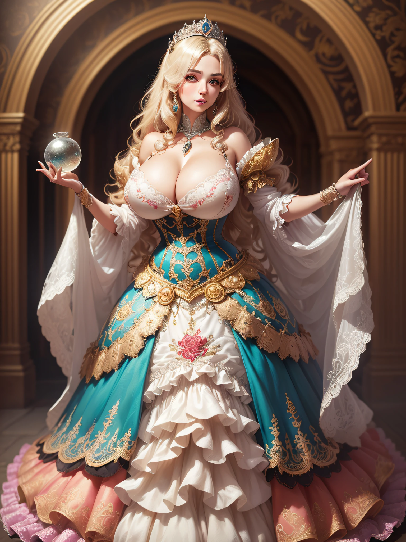 ((anime artstyle)),(Masterpiece),(Best Quality), (Super Detail),((Very Delicate and Beautiful)),cinematic lighting,1 lady,((full body portrait)),((standing in garden)),((solo)),(((1 princess in beautiful embroidery and jeweled and Brocade extremely gorgeous princess rococo ballgown with voluminous full length hoop skirt))),an hourglass waist,padded and corseted bodice,(((huge crinoline hoopskirt))),long train,((beautiful embroidery and jeweled)),voluminous frills,See-through,(gorgeous embroidery and beautiful lace),(((extremely gigantic tits,skindentation))),cleavage,((large amount of straight hair,extremely voluminous Hair,Very Long Straight Hair)),(finely detailed face and eyes),clear pupil,extremely gorgeousfull hair ornament,(bling-bling jeweled extremely gorgeousfull tiara),(bling-bling gorgeous gemstone jewelry),long veil,(beautiful background),(full body),((beautiful embroidery and jeweled extremely gorgeous princess rococo ballgown with voluminous full length hoop skirt))
