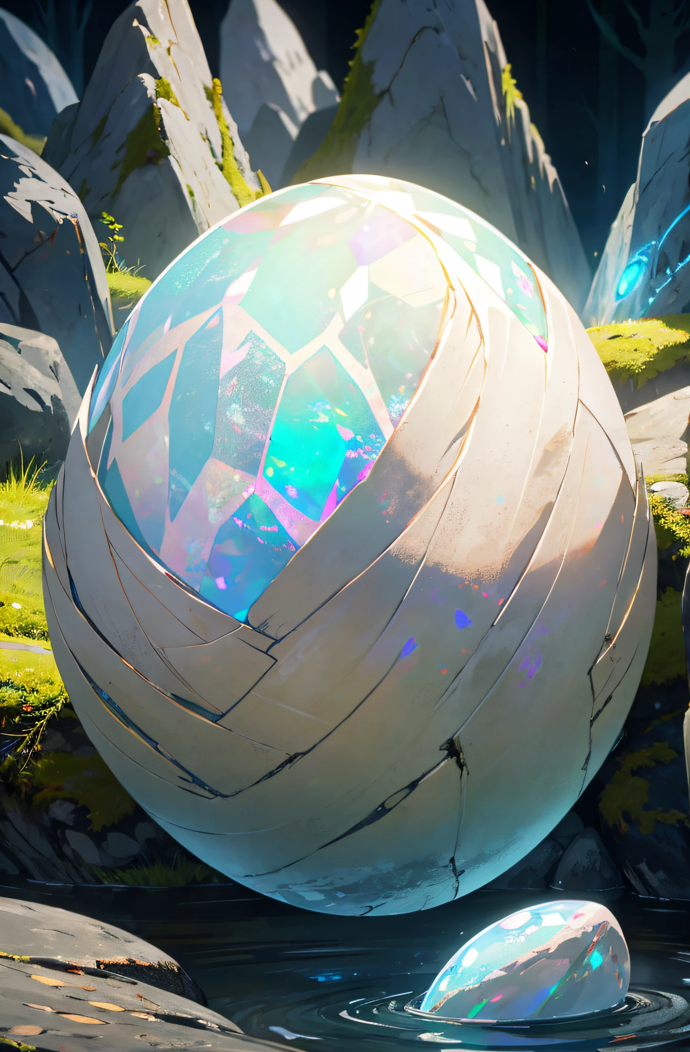 Meisterwerk, Beautiful opal-like dragon egg on rocks, Glowing substrate, Filmische Beleuchtung