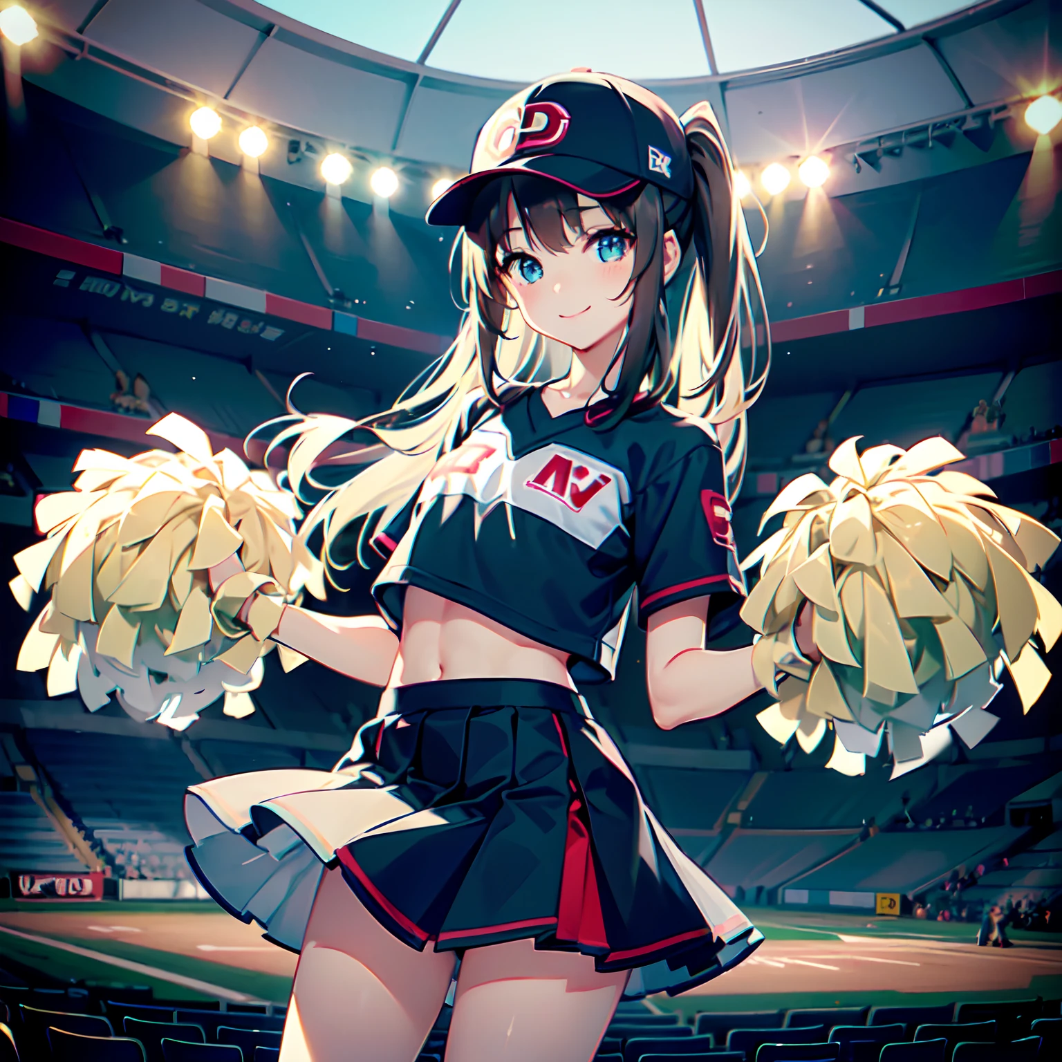 ((2D beautiful girl、4k、8k、top-quality、Perfect Finger 1.1、Perfect Anatomy 1.1、Dress perfectly、Beautiful illustration))、Blur the background、a beautiful slender girl、(transform sequence)、((stright long hair))、Soio、12 year old girl、Lori、Chiquita、a junior high school student、very beautiful big droopy eyes、((cheerleader leotard))、(highleg)、A smile、 Facing the front、Cheering seats for sports tournaments、