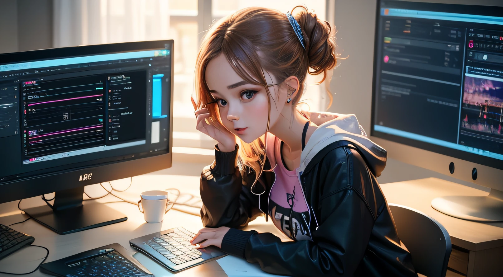 Cute beautiful woman is editing videos , pop music , cute little , personal computers
