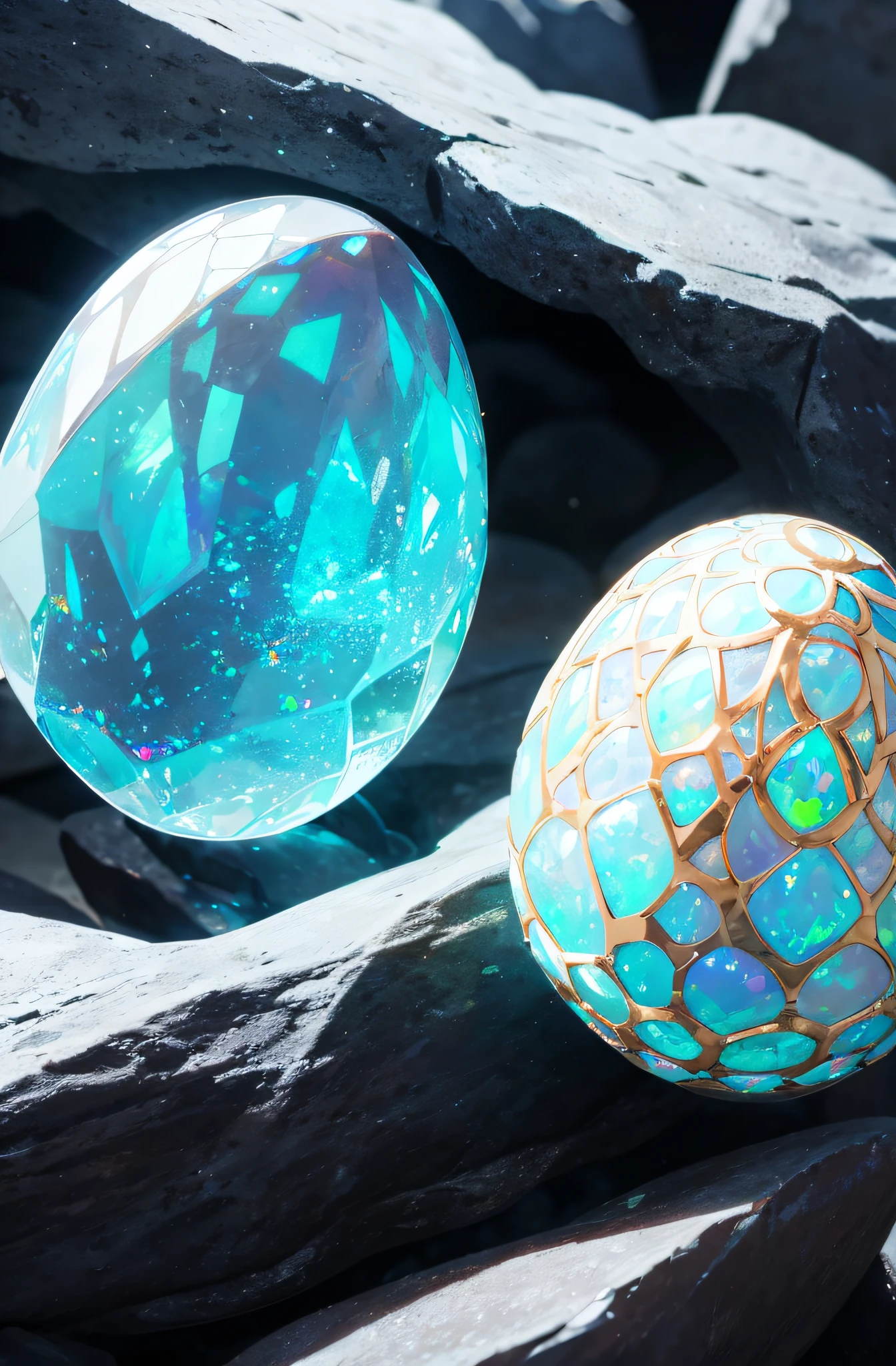 Meisterwerk, Beautiful opal-like dragon egg on rocks, Glowing substrate, Filmische Beleuchtung