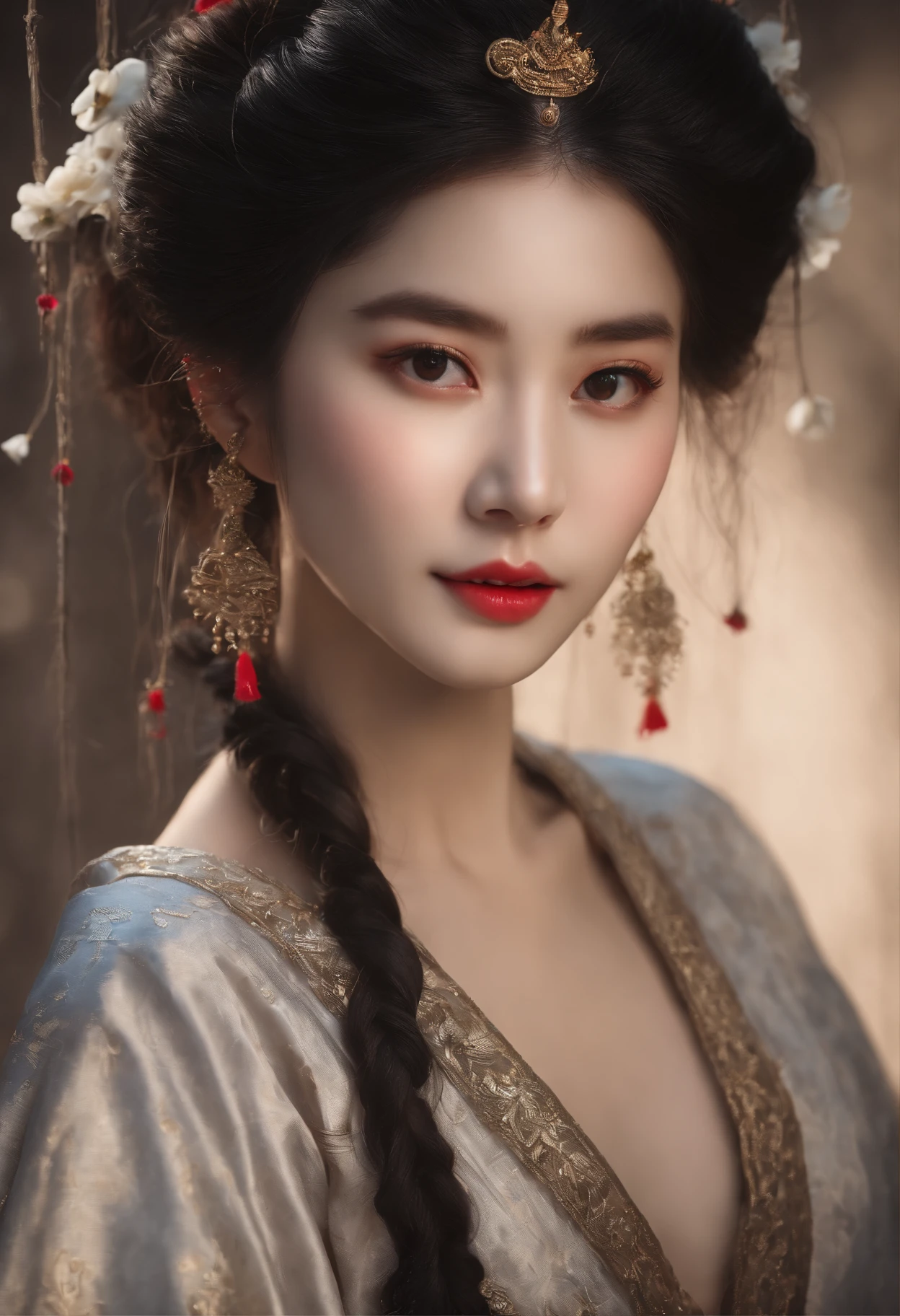 Best quality, Masterpiece, A high resolution, 1girll,Blush,(Seductive smile:0.8),Star-shaped pupils,China Hanfu,hair adornments,necklace, jewelry,Beautiful face,after sexing_Body, Tyndall effect,Photorealistic, Dark Studio, rim lit, twotonelighting,(highdetailskin:1.2), 8K, Ultra HD, Digital SLR, Soft lighting, High quality, voluminetric lighting, candid, photographed, high resolution, 4K, 8K, Bokeh.
