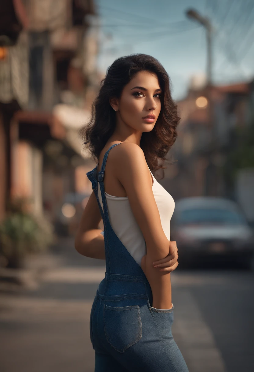 a photo of pho3b3cat3s, beautiful woman, ((24 years old)), street, tshirt, denim overalls, 1980s, retro, long wavy dark hair ponytail, (masterpiece), (extremely detailed CG unity 8k wallpaper), Intricate, ((photorealistic)),