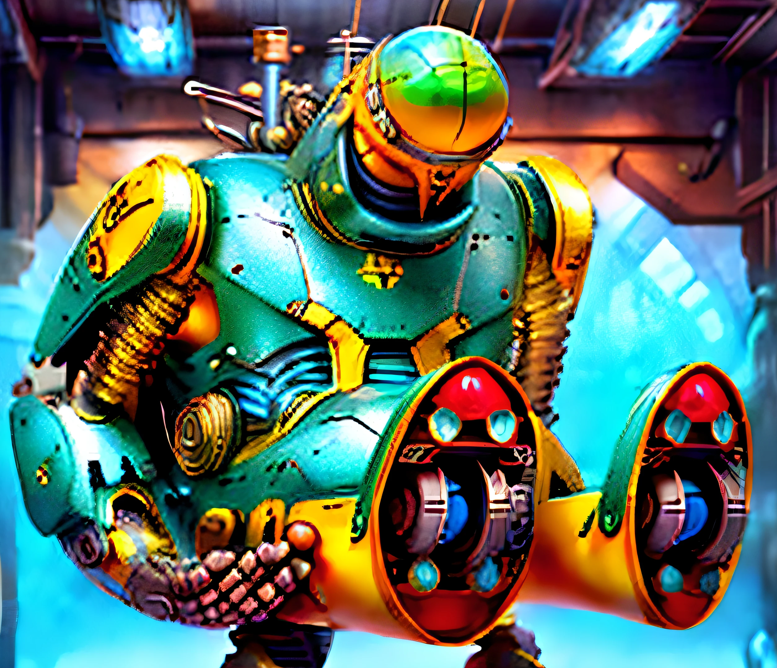 desenho animado de um homem em uma camisa amarela e capacete azul sentado em um cachimbo amarelo, Anime de blob, mecha em forma de peixe-boi, Monstro da tartaruga humanoide, Bender, Futurama, male robotic anthro orca, anthropomorphic turtle humanoid, Giant robot foot, humanoide agachado, Monstros humanoides rastejantes, cel sombreado:15, Robot