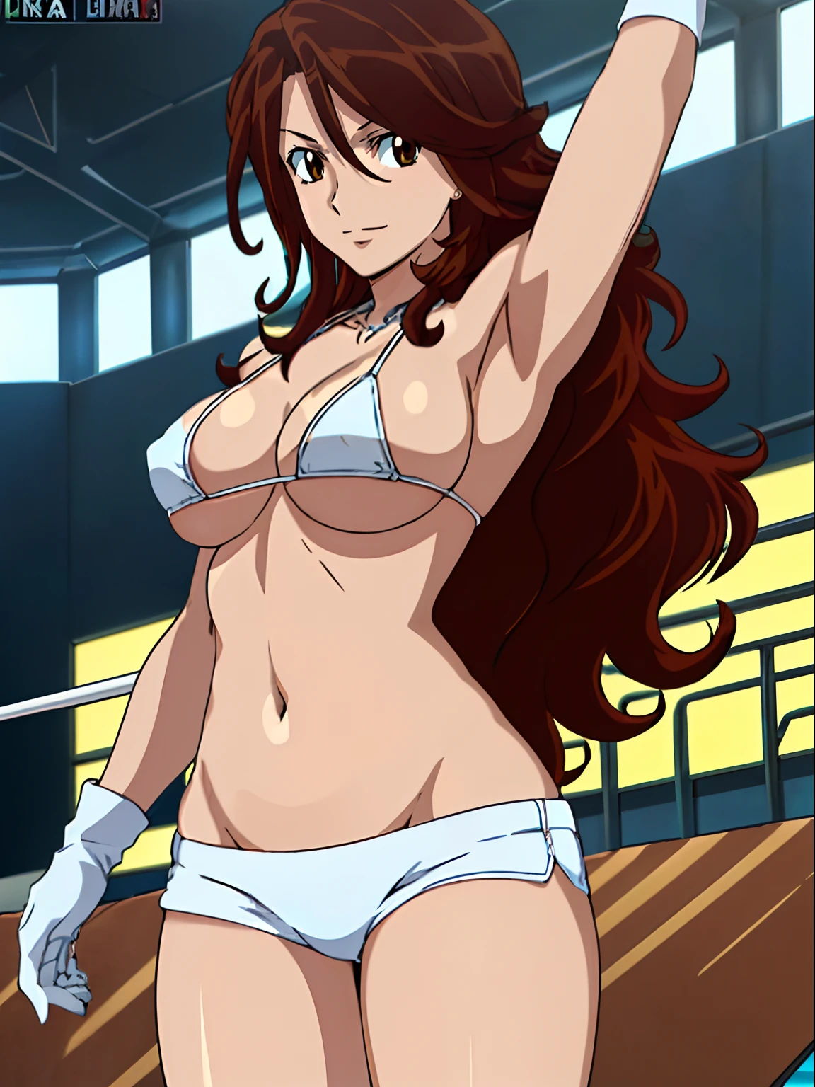 cowboy shot, upper body view, anime style: 1.8, anime drawing, ultra detailed face, ultra detailed body, 4k, Sumergai Lee Noriega, (standing), best quality, anime style, hires, highest definition, digital blending, bold drawing lines, ((slender body, female wrestler), (location: wrestling arena, crowds watching), (weak body, slender body, broad shoulders, slim arms, little biceps, thighs), ((white micro bikini, shorts, groin, white boots, white gloves, collar)), victorious, winner, smile, , (big breasts), (big eyes, brown eyes), (warming up), (brown hair, loose hair, curly hair, wavy hair, long hair, missy hair), 27 years old,