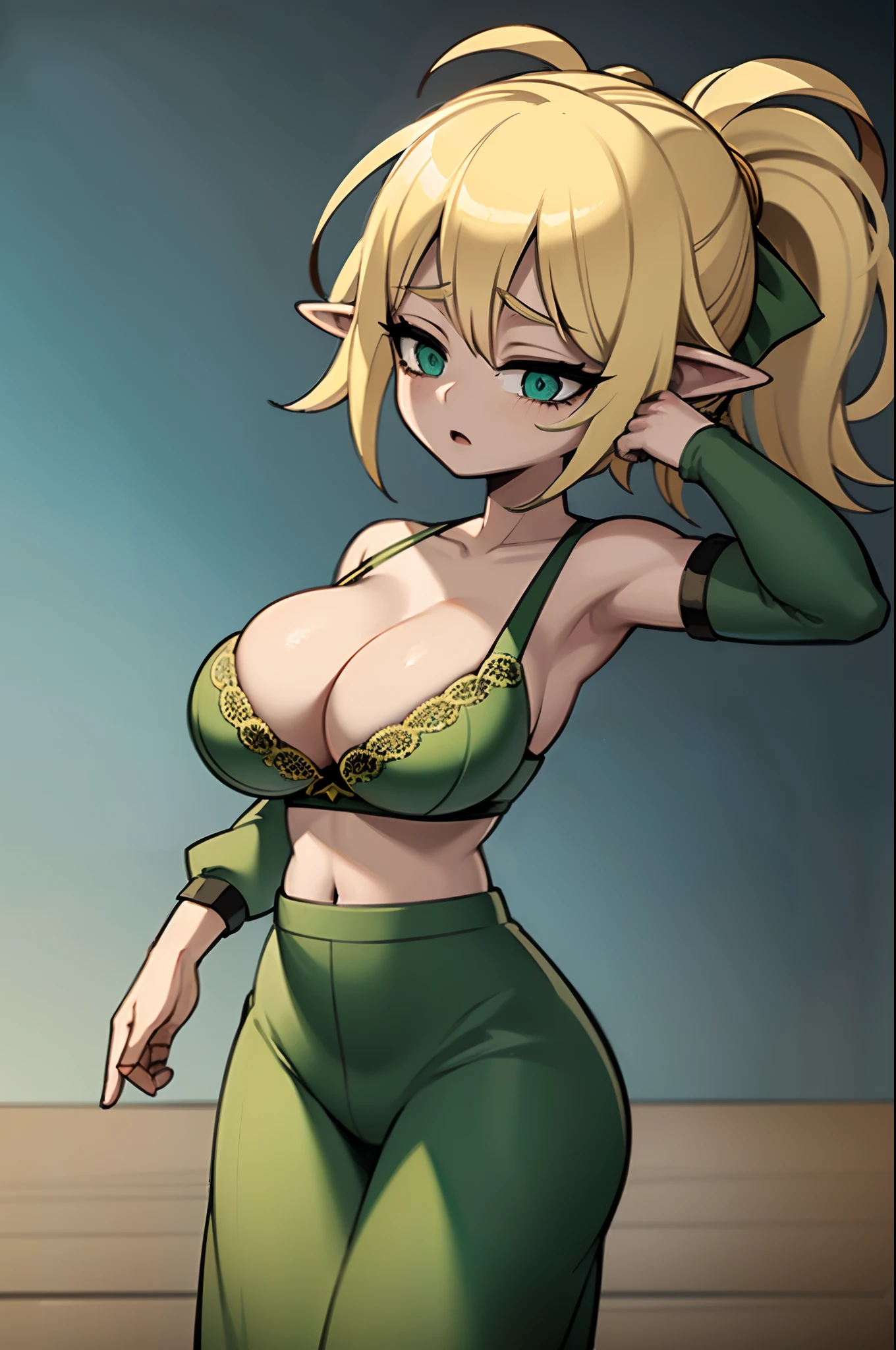 (masterpiece, official art), 1girl, elf, closeup, leafa, ponytail, upper body, green lace bra, large breasts, excited, worried, vibrant colors, ethereal lighting, shortstack