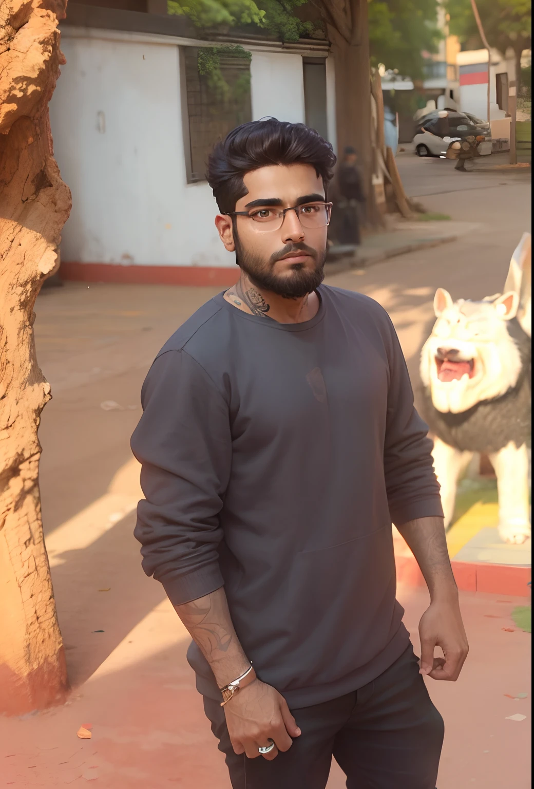 A Indian young guy with small beard with glasses, stand on street, wear hoody, headphone, tattoo on his neck, hyper realistic, Brown eyes, brown skin tone, 8k  . --auto --s2