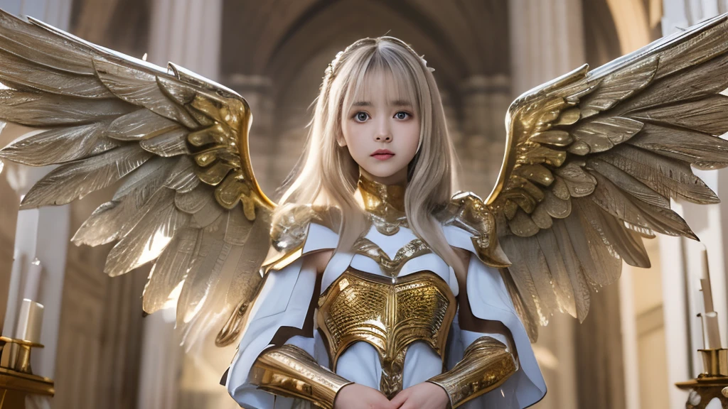 8K, Raw photo, Photorealistic, (Detailed skin, Best Quality:1.2), (Angel wings), ((armored dress, golden armor)), (((Small chest:1.1))), (Silver long hair:1.3, short bangs), Teenage girl in the gorgeous church, (Baby face:1.1, Neat face, Fairer skin), thighs, Full body shot, (low angle shot:1.2)