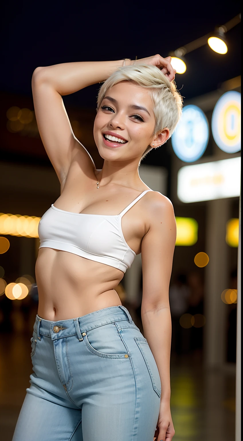 Malay girl, very short white hair, pixie cut hair, wear Artsy style outfit, laughing and posing with hand on head, touching her own head, wear handbag, from back view, windy, detail skin, age spot, detail skin texture, mole below eyes, small breast, flat chest, wide hips, small waists, thick thighs, slim, beautiful body, nighttime, laughing, happy, bright lighting, location: mall, blur background, bokeh,