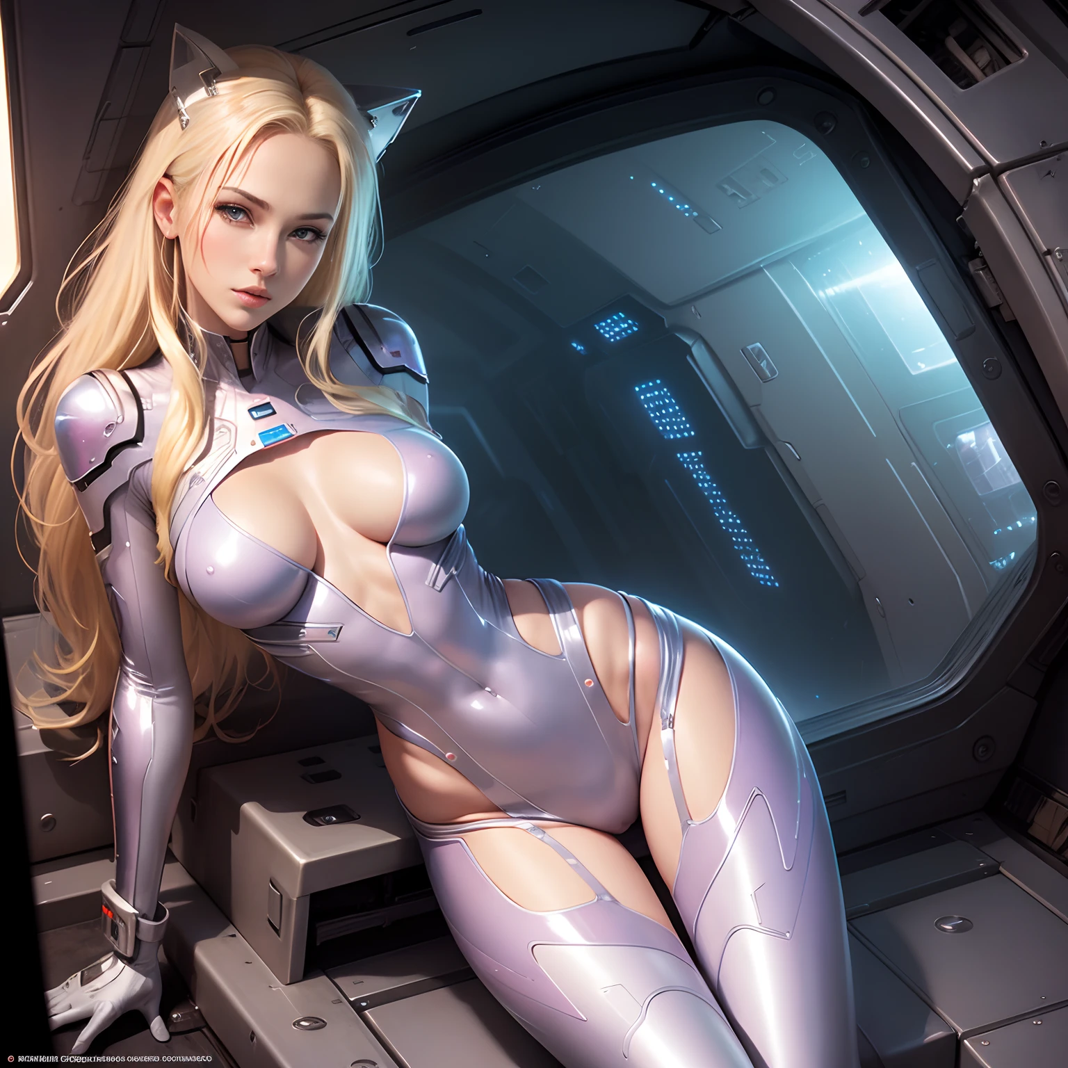 beautiful blonde girl, dressed in transparent cyber catsuit, medium sized breasts, ((slim build)), ((slim hips)), pink areola, luis royo style, lying asleep in a spaceship cargo hold