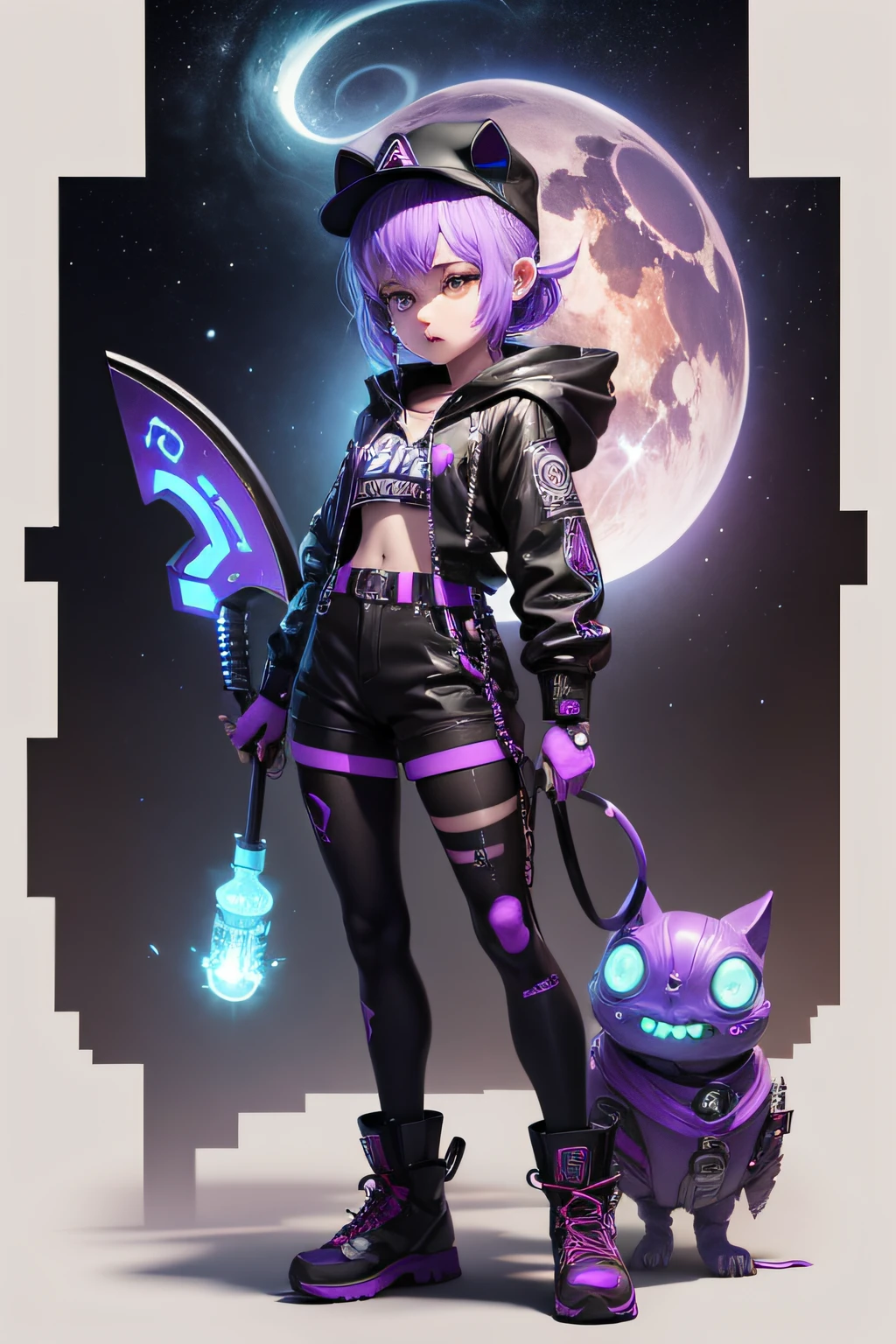 An astro alien with shapershifter hatchet , come to battle with her metaphysical friend dogs
