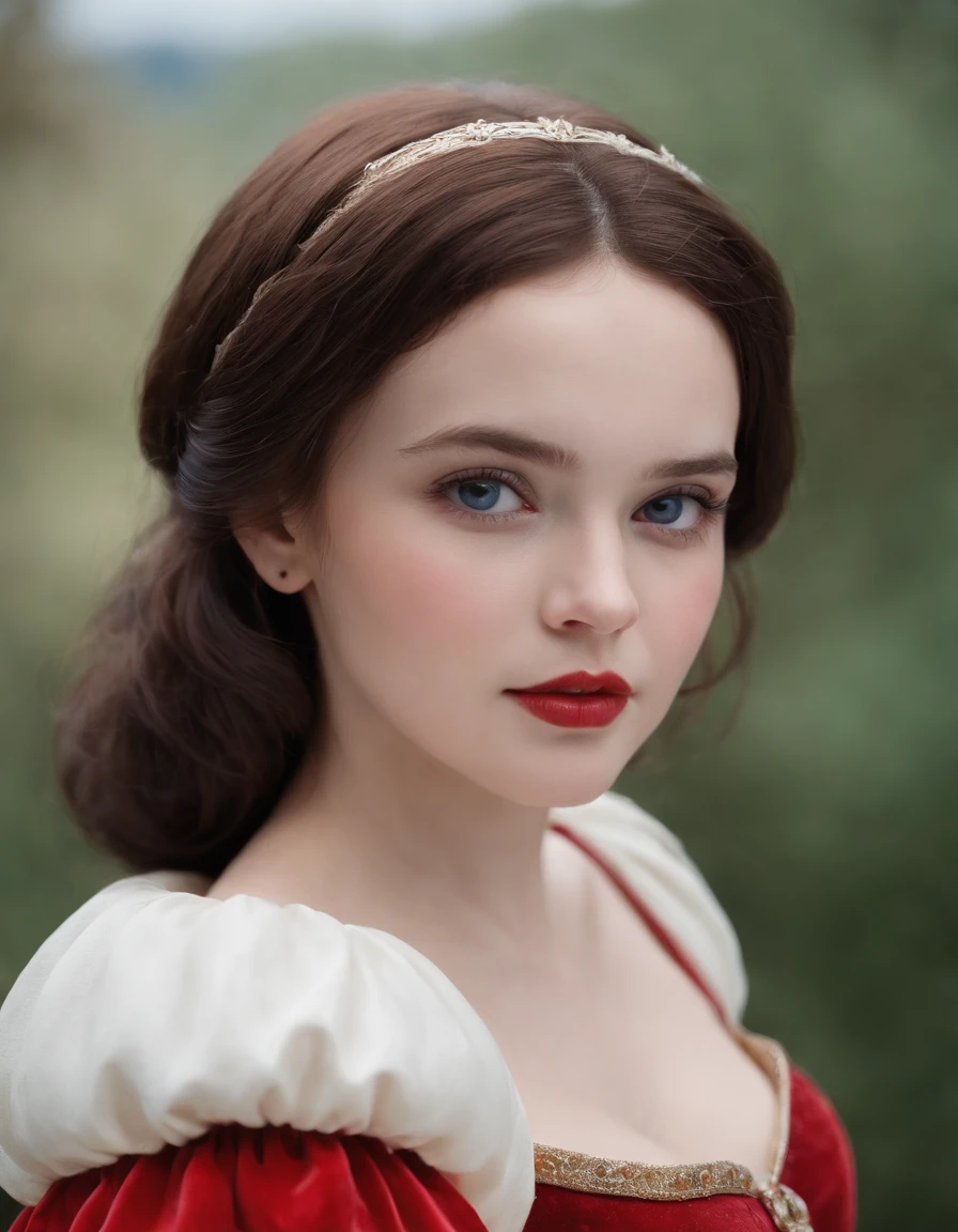(), (Snow White Coss:1.3), smaer body, Little blue and red dress, Ultra photo realsisim, Realistic, Top quality real texture skins,Cute True Circle Symmetrical eyes, Cute face, medieval world, Epic Realistic, Cinematic,large full breasts