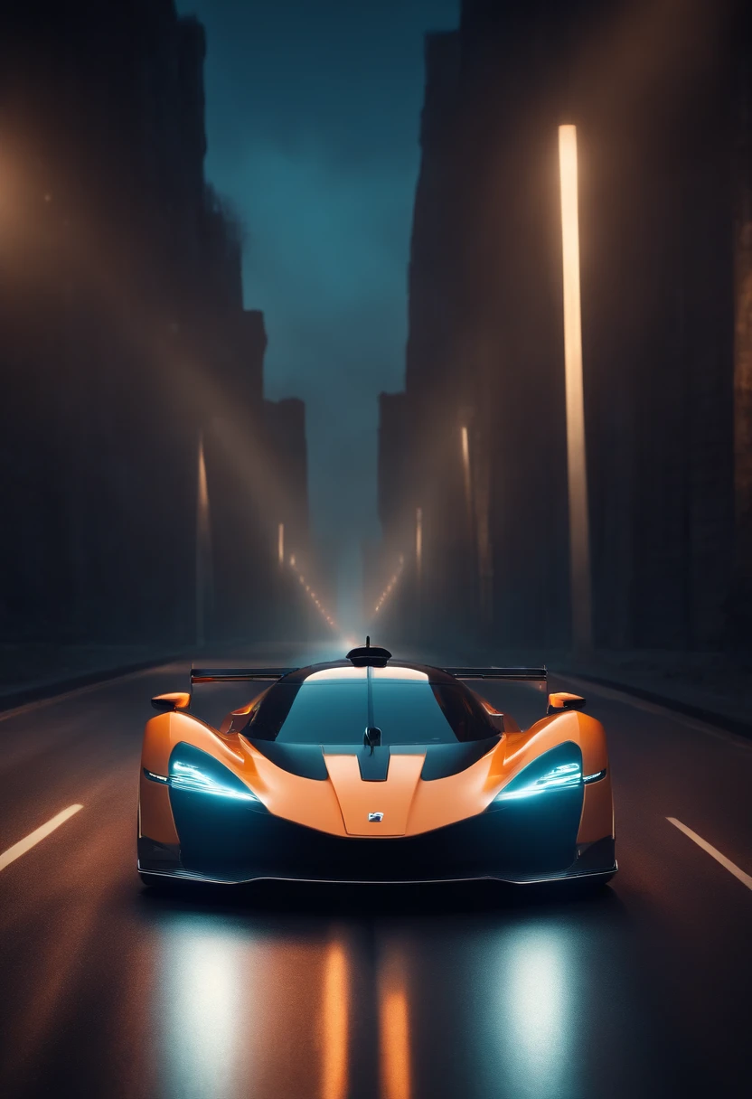 futuristic hypercar in night on empty road, photorealistic
