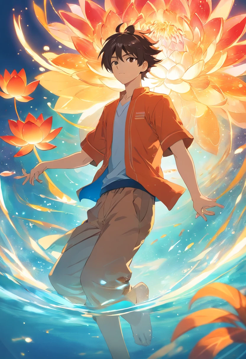Enlightened male Mind, Red tones from orange to gold.. All about rainbow lotus, And float on transparency., clear water, Gold gradient background with light transparency. Golden energy flows from the flower core..