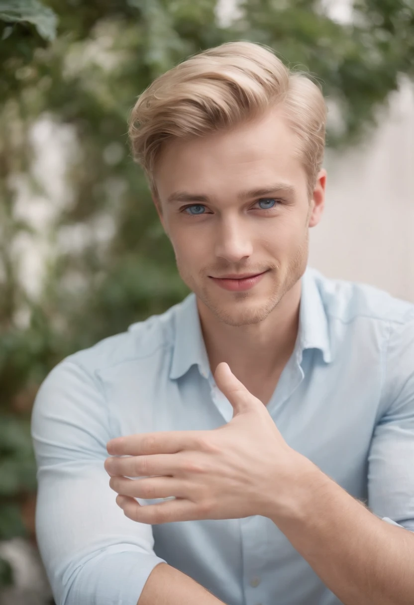 A photograph of a vibrant blond man, 25, with captivating blue eyes, radiating joy as he confidently extends a hand in greeting. Shot in soft, natural lighting that accentuates his features, creating a warm and inviting atmosphere. The composition harmoniously balances the subject's dynamic energy with a serene backdrop of lush greenery.