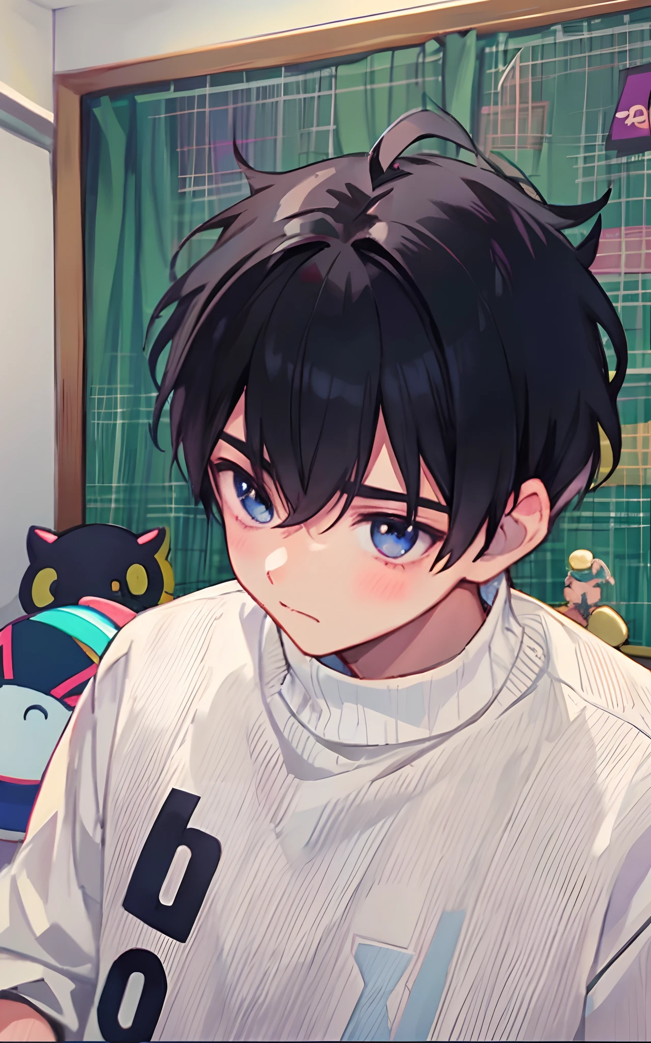 anime boy with black hair and blue eyes in a room, anime moe artstyle, anime boy, anime artstyle, anime style. 8k, digital anime illustration, high quality anime artstyle, boy has short black hair, young anime man, anime style portrait, kawaii realistic portrait, anime art style, 🍁 cute, in an anime style, kuvshinov ilya