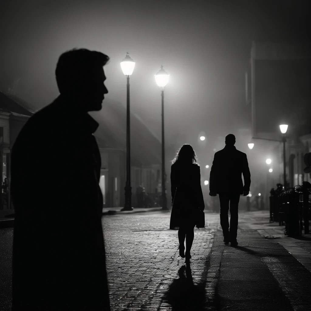 silhouette of one man watching one girl walk away, heartbroken, night time