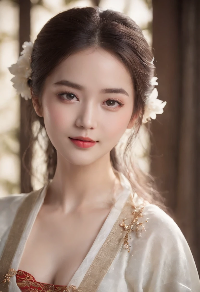 Best quality, Masterpiece, A high resolution, 1girll,Blush,(Seductive smile:0.8),Star-shaped pupils,China Hanfu,hair adornments,necklace, jewelry,Beautiful face,after sexing_Body, Tyndall effect,Photorealistic, Dark Studio, rim lit, twotonelighting,(highdetailskin:1.2), 8K, Ultra HD, Digital SLR, Soft lighting, High quality, voluminetric lighting, candid, photographed, high resolution, 4K, 8K, Bokeh.