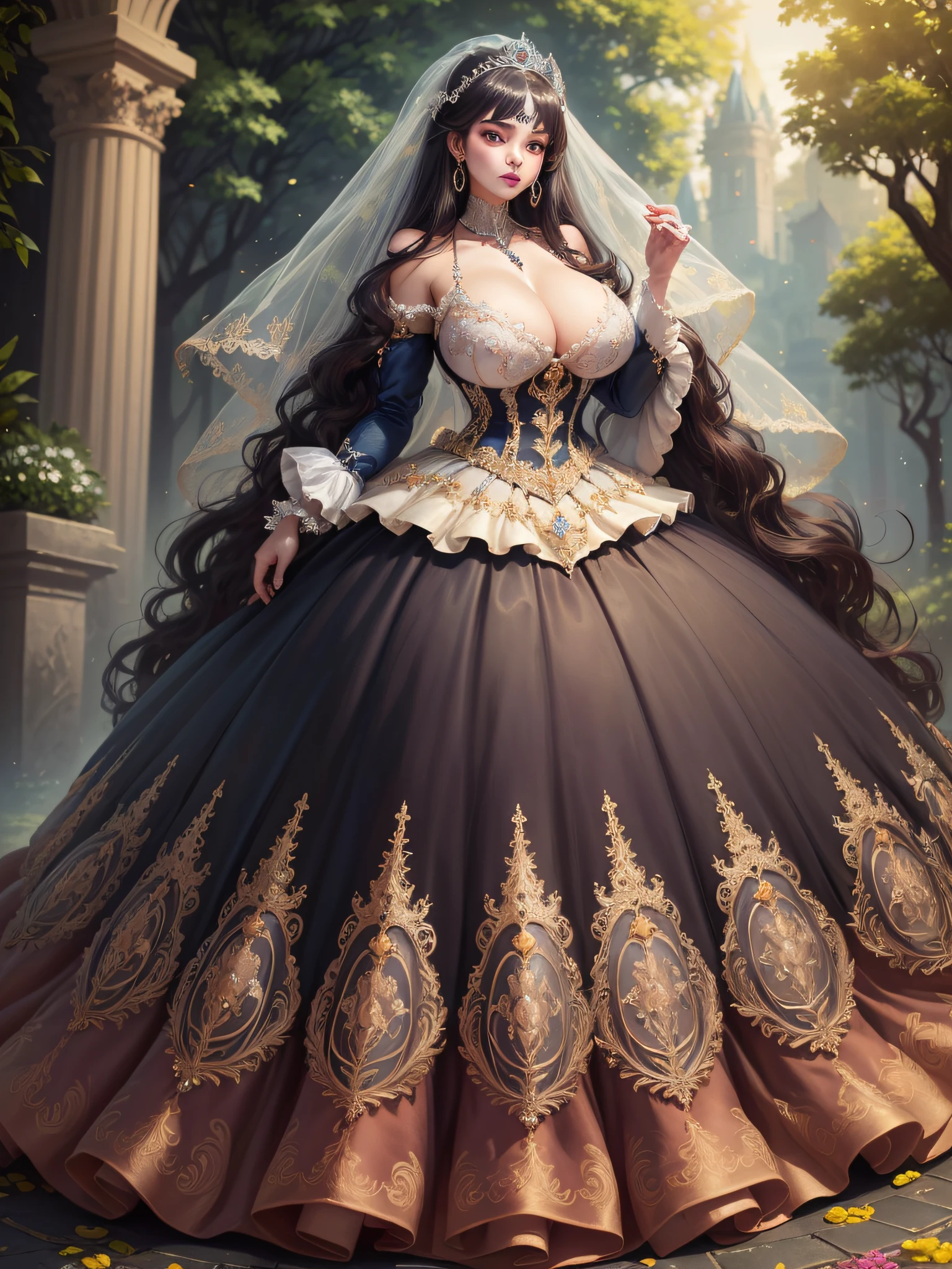 ((anime artstyle)),(Masterpiece),(Best Quality), (Super Detail),((Very Delicate and Beautiful)),cinematic lighting,1 lady,((full body portrait)),((standing in garden)),((solo)),(((1 bling-bling princess in beautiful embroidery and bling-bling jeweled extremely gorgeous princess rococo ballgown with voluminous full length hoop skirt))),an hourglass waist,padded and corseted bodice,(((huge crinoline hoopskirt))),long train,((beautiful embroidery and jeweled)),voluminous frills,See-through,(gorgeous embroidery and beautiful lace),(((extremely gigantic tits,skindentation))),cleavage,((large amount of straight hair,extremely voluminous Straight long Hair,Very Long Straight Hair)),(finely detailed face and eyes),clear pupil,extremely gorgeousfull hair ornament,(bling-bling jeweled extremely gorgeousfull tiara),(bling-bling gorgeous gemstone jewelry),long veil,(beautiful background),(full body),((beautiful embroidery and bling-bling jeweled extremely gorgeous princess rococo ballgown with voluminous full length hoop skirt))