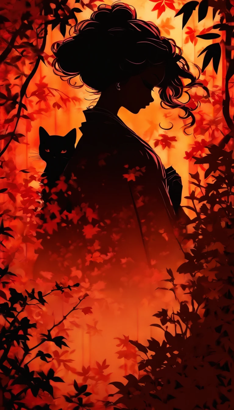 (Silhouette Art,cutouts:1.6)
(((Paper cutting art,A world where only black exists:1.3)

(Cowboy Shot),1 girl,Solo,
(Kimono Girl,profile:1.2),white, Clear and beautiful face,Black cat on shoulder, uncluttered silhouette of cat

break
(Colored leaves、amarelo　Red:3.1)
Textured glass background,
