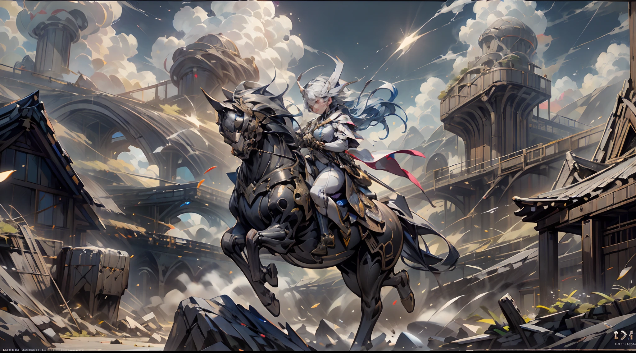 Many giants、raid、battle field、(Background with　Colorful fireworks:1.2),Viola、mountain ranges、pegasus、Near future、ciber、sea of clouds、the morning sun、wanting、grand、(1womanl:1.2),Biomechanical cyborg,Giant Swing、(Fly over the mountains),devastated,Shining Weapon,Dynamic Angle, splash art,Octane Render, Official art, Unity 8K Official Art, Unity 8k壁纸, ultra-detailliert, Beautiful and aesthetic,Extremely detailed, Dynamic Angle, Most Beautiful Form of Chaos, Elegant, a brutalist designed, vivd colour, barroco, by james jean, roby dwi antono, by Ross Tran, Francis Bacon, michal mraz, Adrian Ghenny, petra cortright, Gerhard Richter, Takato Yamamoto, Ashley Wood, Atmospheric, ??????? of musical notes, streaming musical notes visible,Sun Knight,Glasswork,realistic representation of face, Detailed beautiful delicate face, Detailed beautiful delicate eyes,Realistic lighting and shading, (an extremely delicate and beautiful art)1.3, Elegant,(Dutch Angle,Good anatomy),