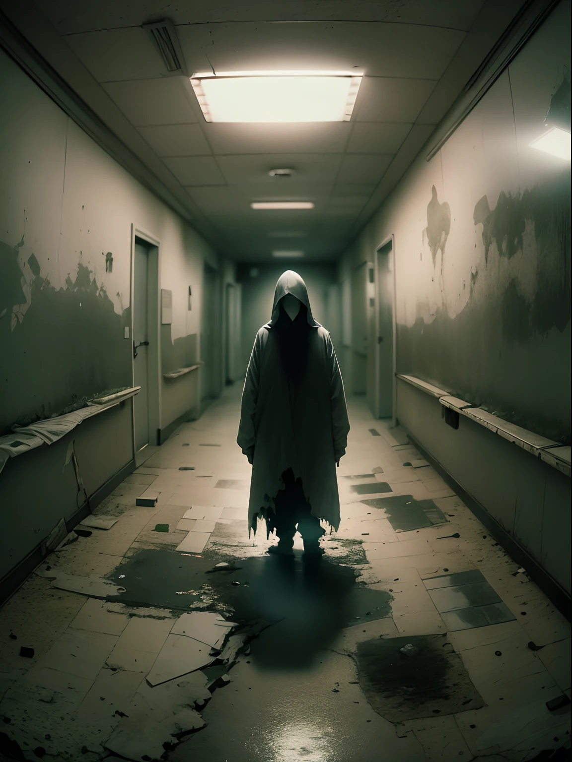«»A chilling photorealistic image of a haunting apparition captured by a low-resolution hospital security camera in a dimly lit corridor. The scene is set in an old and eerie hospital, with flickering lights and peeling paint on the walls. The apparition appears as a translucent figure with a faint glow, hovering eerily above the floor. Its unsettling presence leaves a sense of unease and mystery. The lighting should be low, with the camera's grainy quality adding to the suspenseful atmosphere. The shot should be a close-up, capturing the haunting details of the apparition and the eerie surroundings. Camera lens: Fish-eye for a distorted and unsettling perspective. Resolution: Low resolution to enhance the sense of the unknown.»»