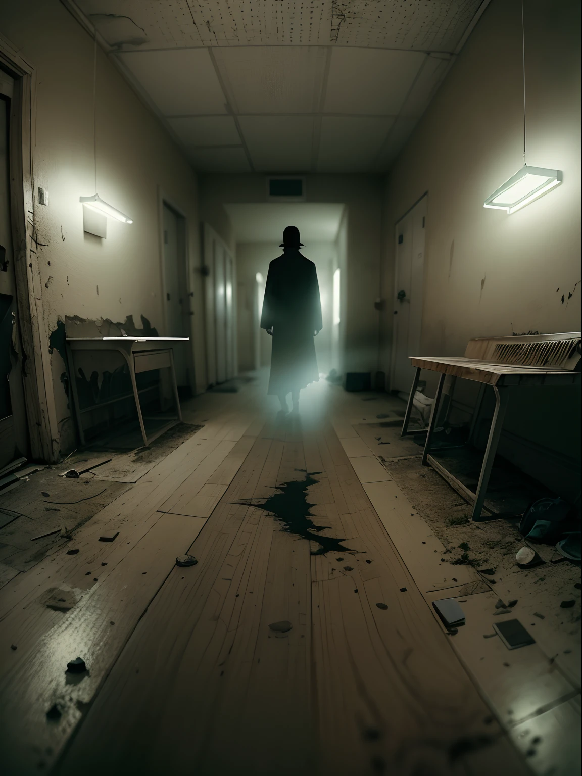 «»A chilling photorealistic image of a haunting apparition captured by a low-resolution hospital security camera in a dimly lit corridor. The scene is set in an old and eerie hospital, with flickering lights and peeling paint on the walls. The apparition appears as a translucent figure with a faint glow, hovering eerily above the floor. Its unsettling presence leaves a sense of unease and mystery. The lighting should be low, with the camera's grainy quality adding to the suspenseful atmosphere. The shot should be a close-up, capturing the haunting details of the apparition and the eerie surroundings. Camera lens: Fish-eye for a distorted and unsettling perspective. Resolution: Low resolution to enhance the sense of the unknown.»»