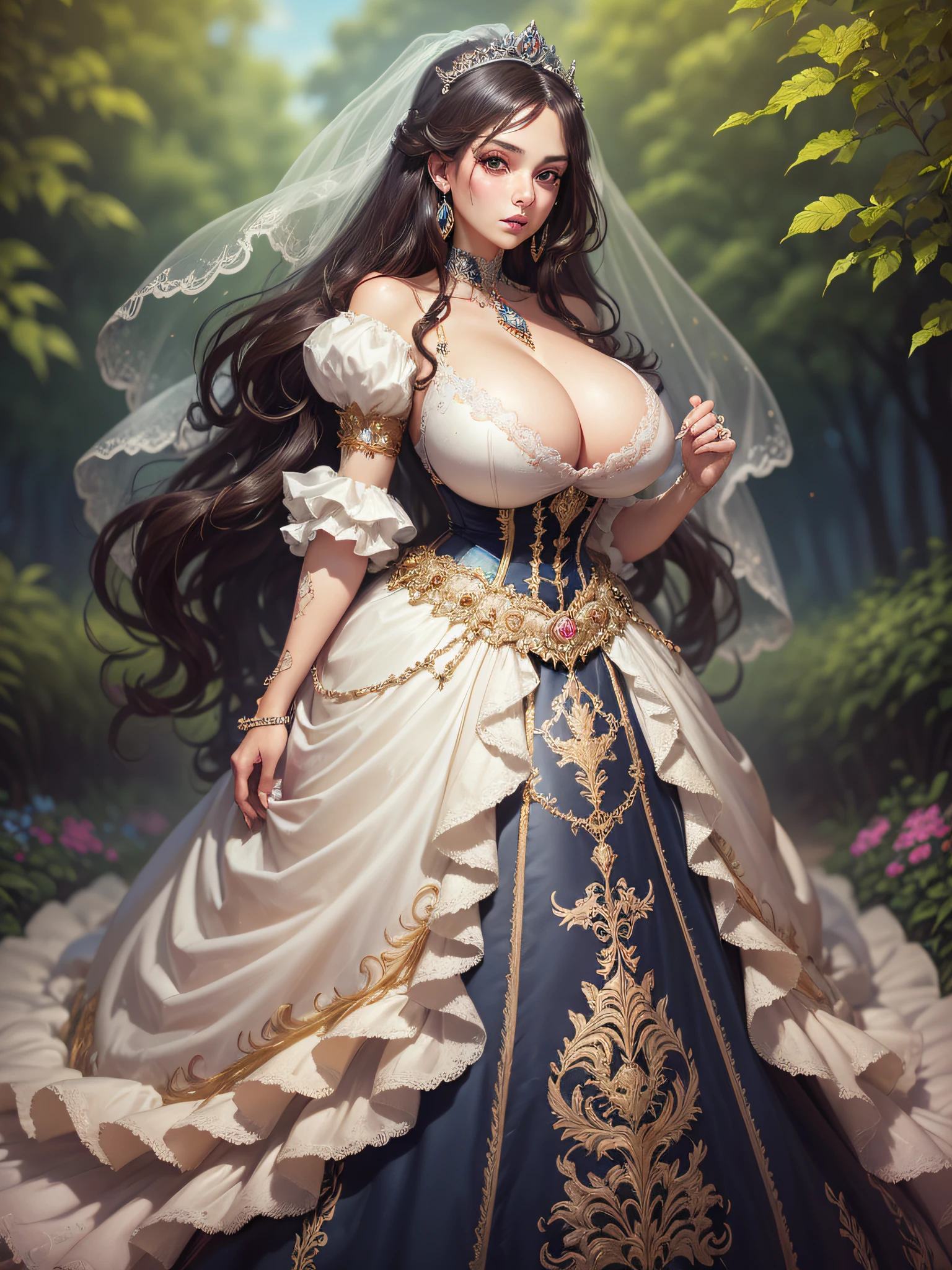 ((anime artstyle)),(Masterpiece),(Best Quality), (Super Detail),((Very Delicate and Beautiful)),cinematic lighting,1 lady,((full body portrait)),((standing in garden)),((solo)),(((1 bling-bling princess in beautiful embroidery and bling-bling jeweled extremely gorgeous princess rococo ballgown with voluminous full length hoop skirt))),an hourglass waist,padded and corseted bodice,(((huge crinoline hoopskirt))),long train,((beautiful embroidery and jeweled)),voluminous frills,See-through,(gorgeous embroidery and beautiful lace),(((extremely gigantic tits,skindentation))),cleavage,((large amount of straight hair,extremely voluminous Straight long Hair,Very Long Straight Hair)),(finely detailed face and eyes),clear pupil,extremely gorgeousfull hair ornament,(bling-bling jeweled extremely gorgeousfull tiara),(bling-bling gorgeous gemstone jewelry),long veil,(beautiful background),(full body),((beautiful embroidery and bling-bling jeweled extremely gorgeous princess rococo ballgown with voluminous full length hoop skirt))