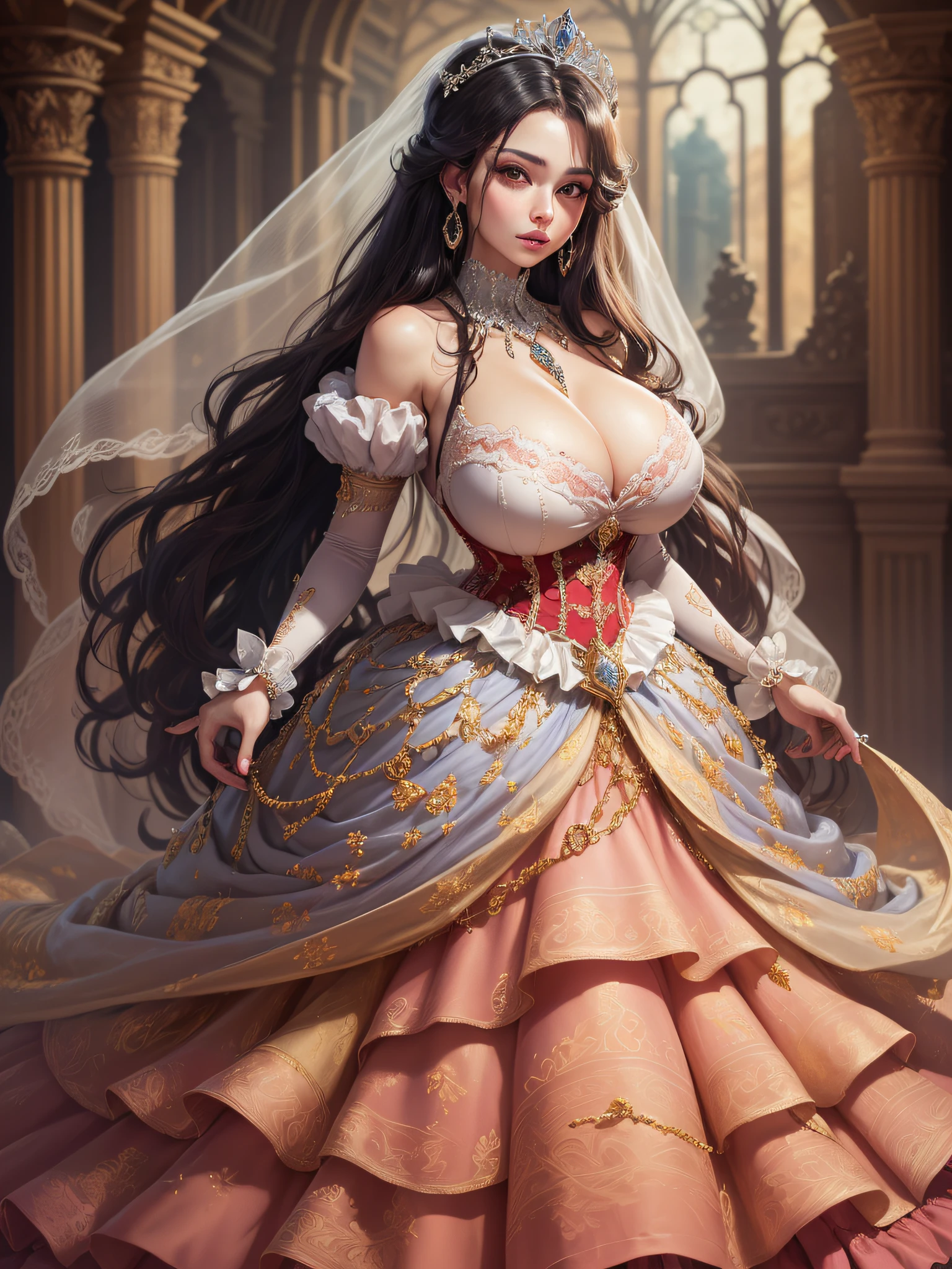 ((anime artstyle)),(Masterpiece),(Best Quality), (Super Detail),((Very Delicate and Beautiful)),cinematic lighting,1 lady,((full body portrait)),((standing in garden)),((solo)),(((1 bling-bling princess in beautiful embroidery and bling-bling jeweled extremely gorgeous princess rococo ballgown with voluminous full length hoop skirt))),an hourglass waist,padded and corseted bodice,(((huge crinoline hoopskirt))),long train,((beautiful embroidery and jeweled)),voluminous frills,See-through,(gorgeous embroidery and beautiful lace),(((extremely gigantic tits,skindentation))),cleavage,((large amount of straight hair,extremely voluminous Straight long Hair,Very Long Straight Hair)),(finely detailed face and eyes),clear pupil,extremely gorgeousfull hair ornament,(bling-bling jeweled extremely gorgeousfull tiara),(bling-bling gorgeous gemstone jewelry),long veil,(beautiful background),(full body),((beautiful embroidery and bling-bling jeweled extremely gorgeous princess rococo ballgown with voluminous full length hoop skirt))