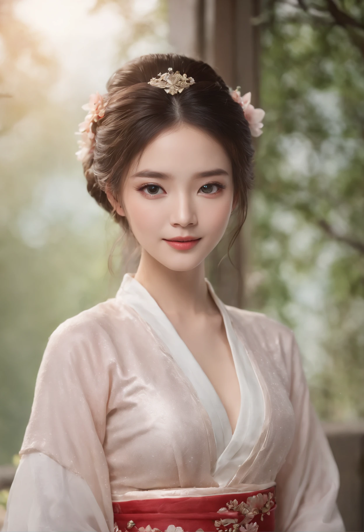 Best quality, Masterpiece, A high resolution, 1girll,Blush,(Seductive smile:0.8),Star-shaped pupils,China Hanfu,hair adornments,necklace, jewelry,Beautiful face,after sexing_Body, Tyndall effect,Photorealistic, Dark Studio, rim lit, twotonelighting,(highdetailskin:1.2), 8K, Ultra HD, Digital SLR, Soft lighting, High quality, voluminetric lighting, candid, photographed, high resolution, 4K, 8K, Bokeh.