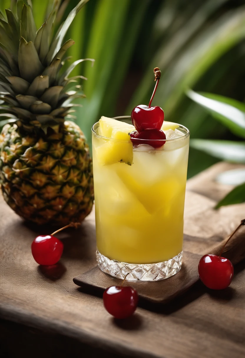 Fazer uma imagem de uma caipirinha de abacaxi, decorated with a piece of pineapple and cherry, in a rustic setting
