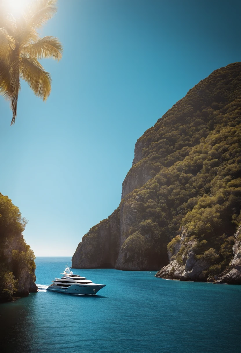 superyacht on beatiful sea, sunny weather, light blue water, photorealism