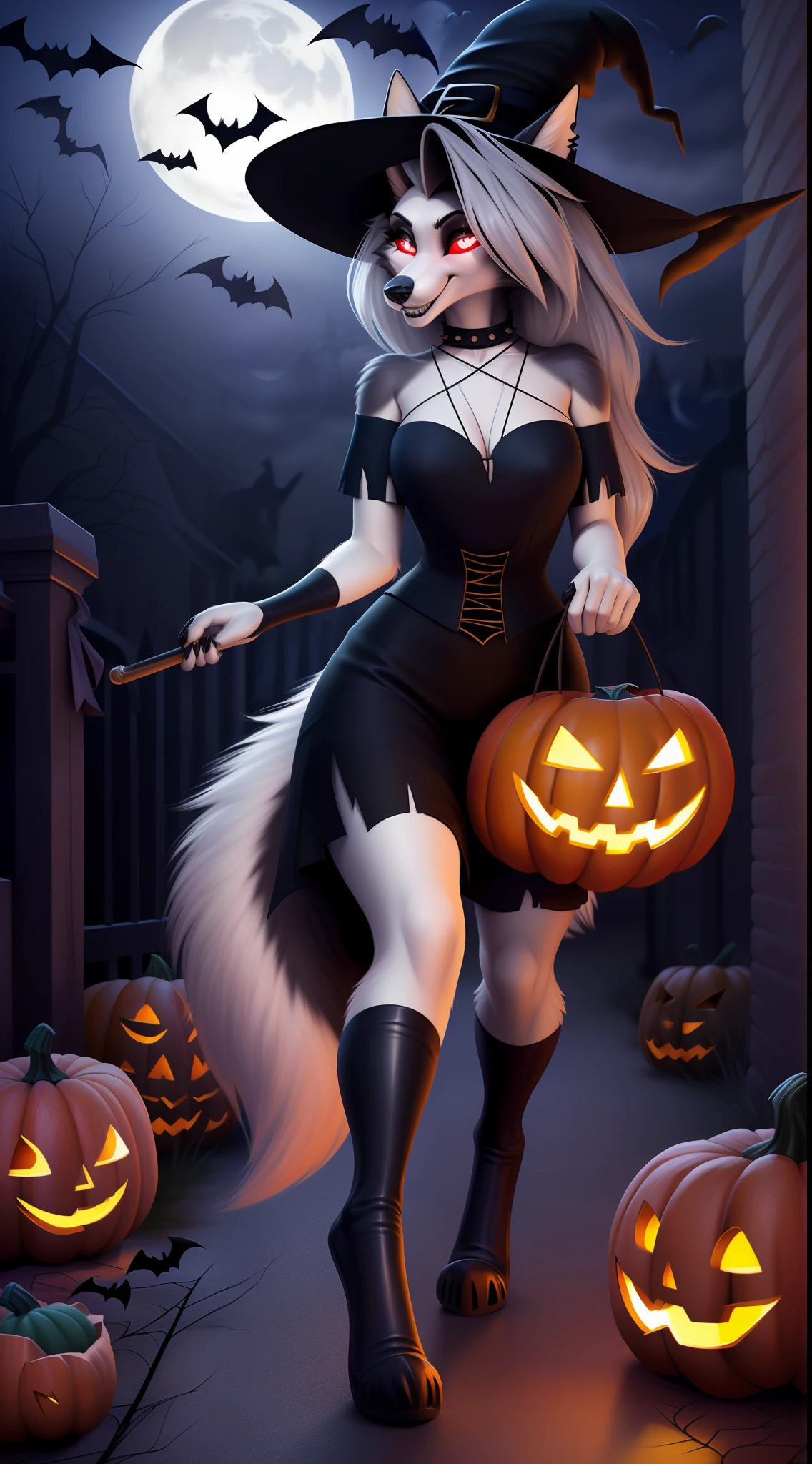 by personalami, fnafroxanne, FNAF, Roxanne Wolf, Animatronic, Female, (detailed), Audience view, fluffy, high-res, fotorealistisch, Looks cute., Looks embarrassed., (((Witch costume))), (((Glow Halloween Pumpkin))), (((At the street with a Halloween-themed house in the background.))), (((Halloween House))), (((at night))) (((Beggars everywhere.))), ((evil grin)), (((shining eyes))), (((full moon ))), comfortable, detailed, ((A detailed eye), full entire body, Female, Skinny Girls, Looks happy., looking at the audience, (detailed), fluffy, (((high-res))), (((fotorealistisch))), Fine wool, Standing position, (((anatomy correct))), (((Anatomoy correct tail))), (((Correct tail positioning))), (((five fingers))), Beautiful, (((masterpiece))), (((bestquality))), detailed photo, ((Reflective light)), ((Detailed shading)),