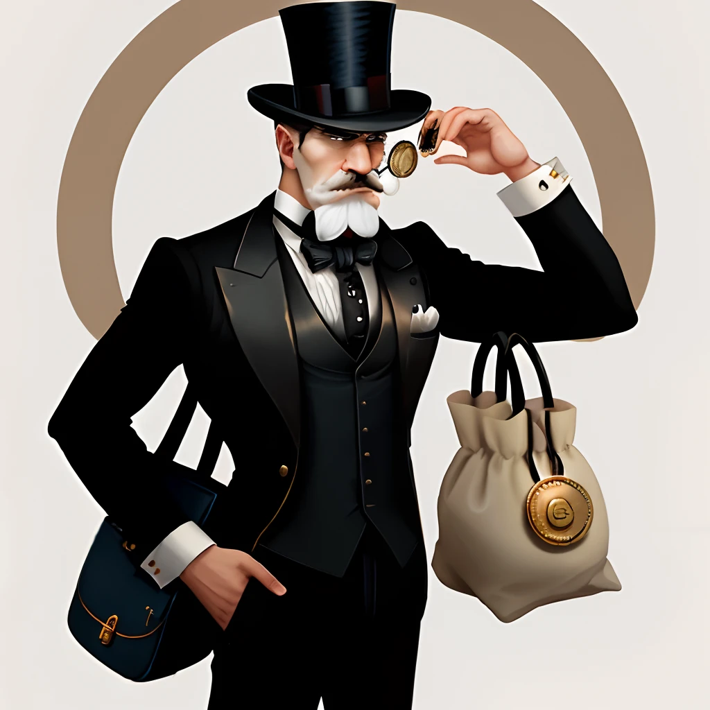 Business man with a top hat and monocle cartoon meditating , holding a bag of money