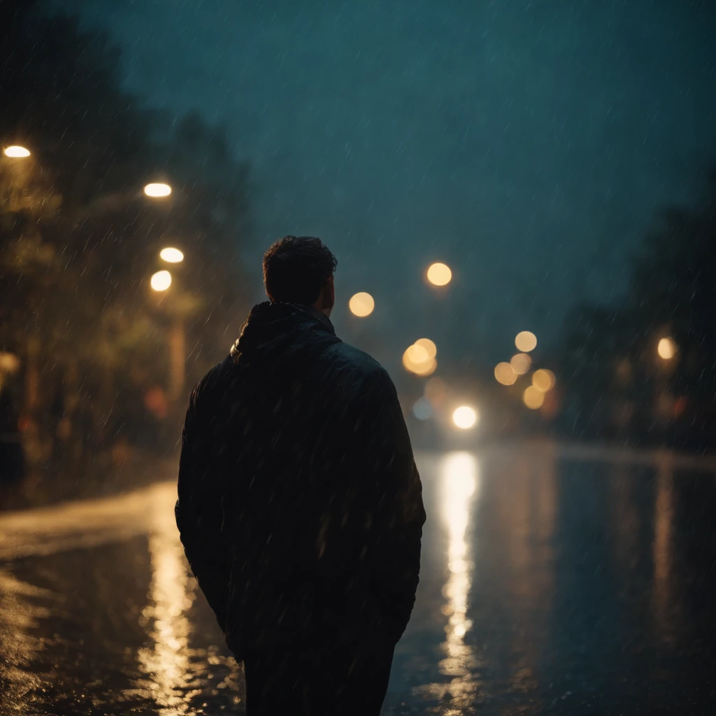 heart shattering, guy watches, rain coming down, nighttime