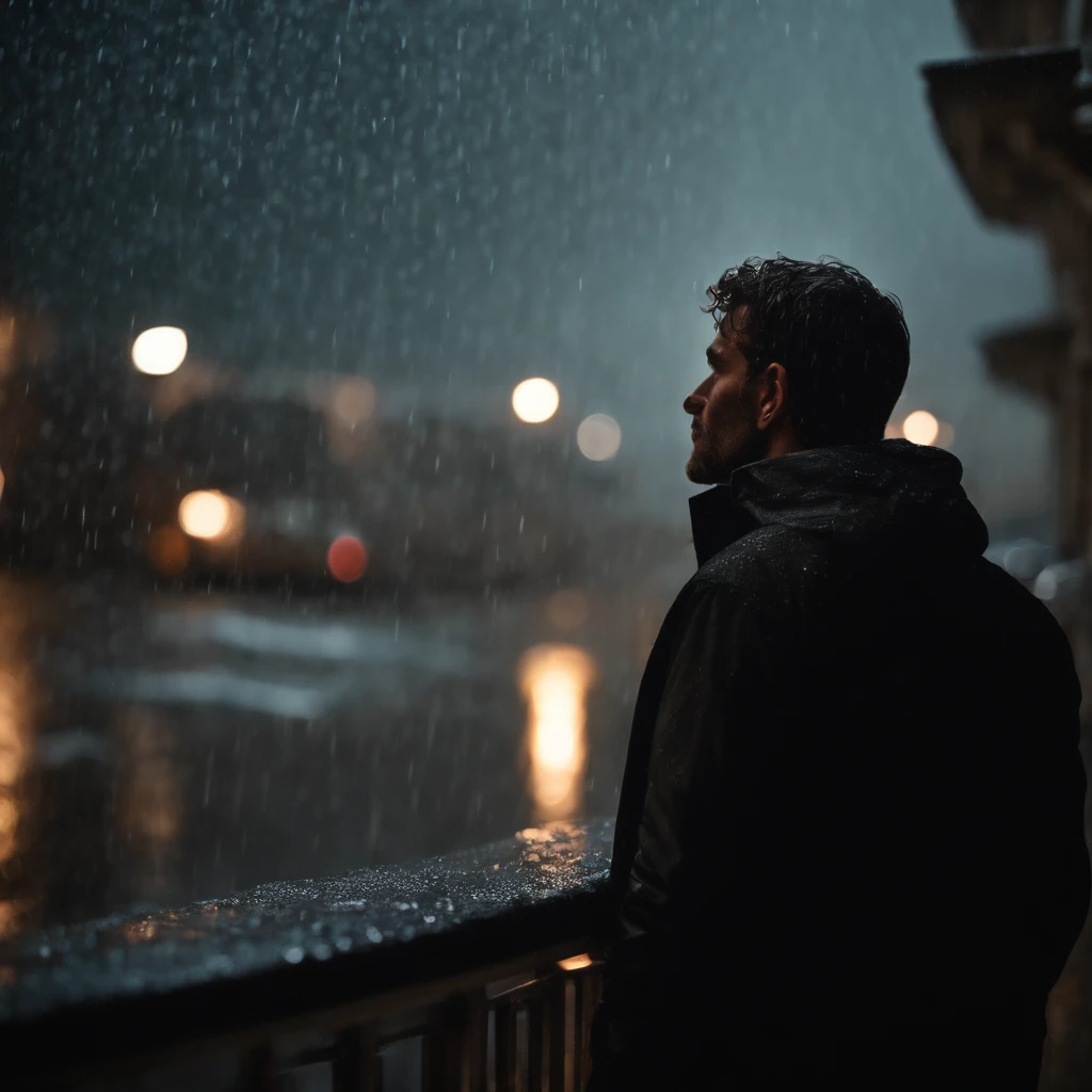 heart shattering, guy watches, rain coming down, nighttime, art