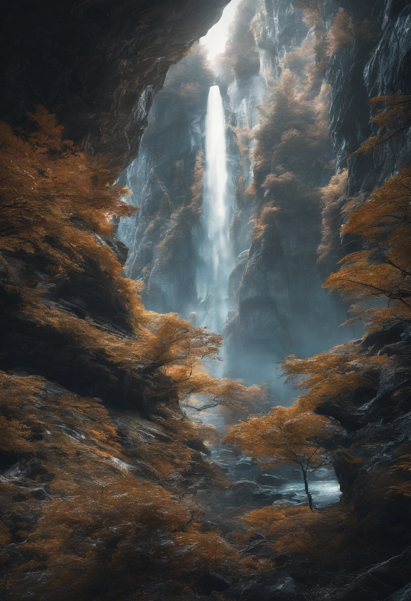 forests in the mountains, fast rivers, waterfalls, bright daylight
