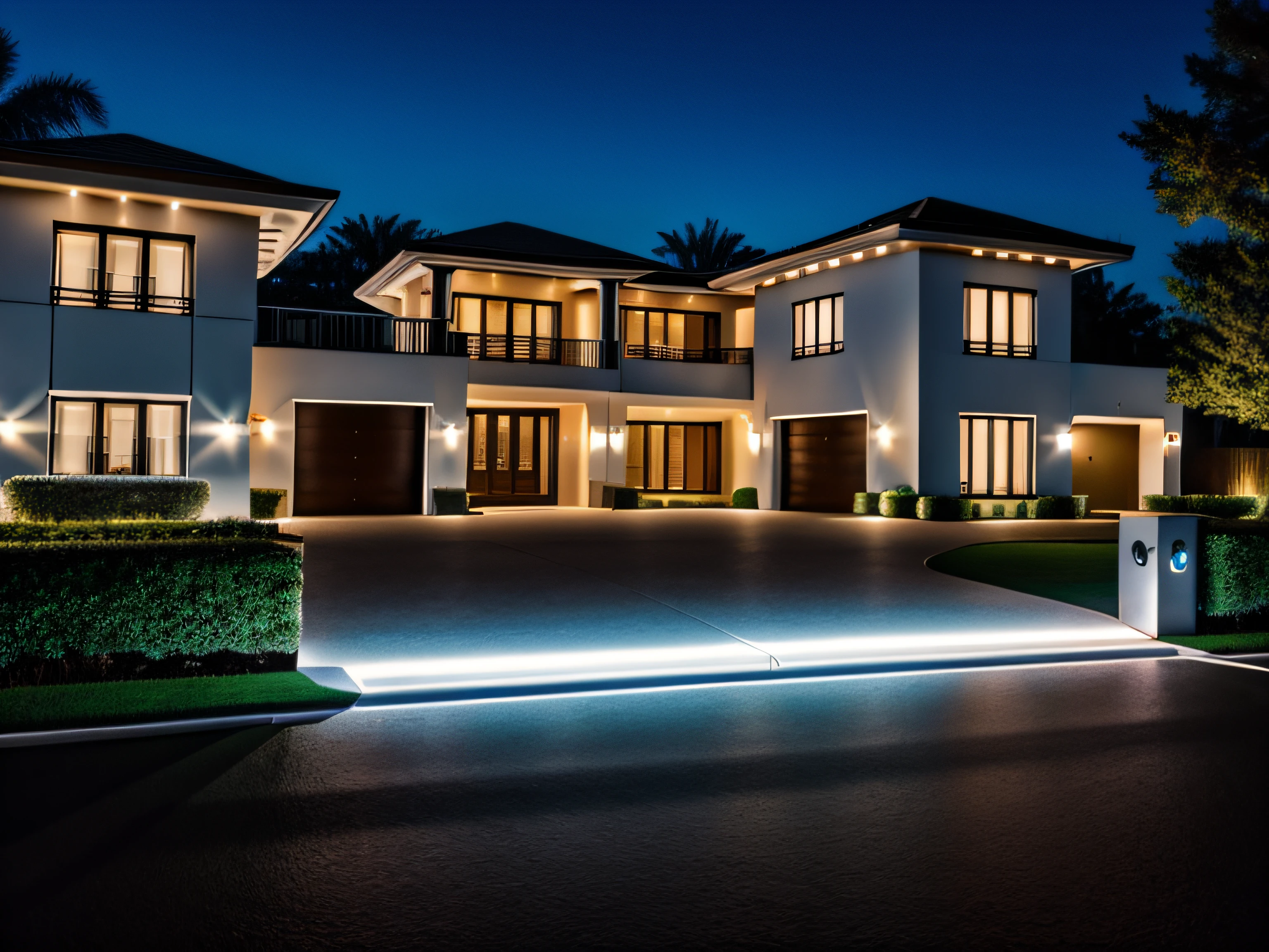 bmw next to a modern mansion driveway at night