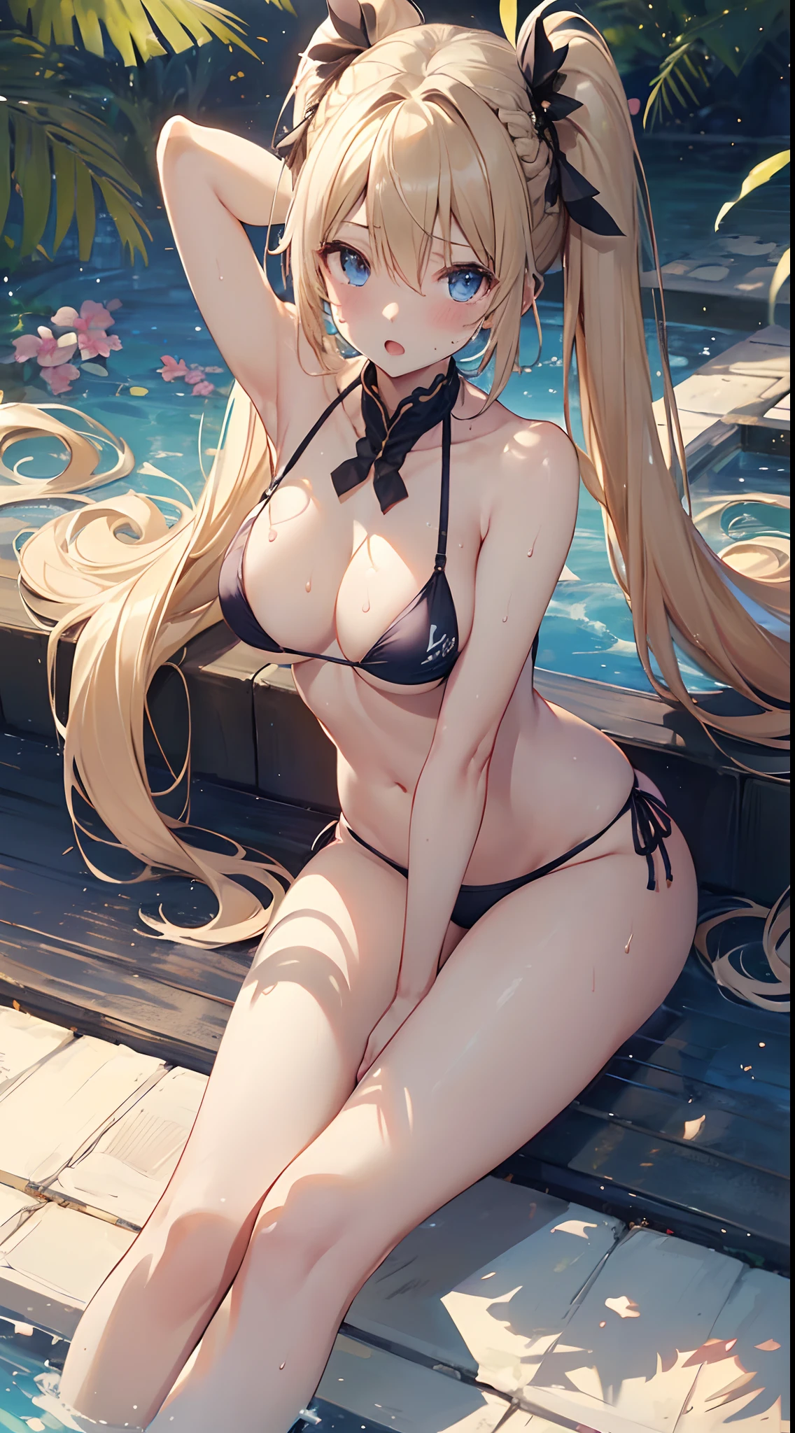 (masterpiece:1.5)、very detailed face and eyes、 (Photorealsitic:1.2)、ultra-quality、ultra-detailliert、Perfect drawing、animesque、charming anime girls,、beautiful alluring anime woman、Smooth Anime CG Art、独奏、1girl in、Naked Beauty、(jeanne d'arc (Fate Grand Order))、cowboy shot、(frombelow:1.5)、(in poolside)、school buildings、outside of house、Urban cityscape、Forward leaning position、Chest protruding pose、Keeping your hands in front of you、(opening legs widely)、(Opening legs:1.5)、((middlebreasts:2.0))、Urine splatters from the crotch(2.5)、Pubic to yellow liquid、(((maikurobikini)))、Thin cloth、Shift your swimsuit to expose your pubic area.、( 、No bra)、embarassed expression、Blue eyes、Moisturized eyes、red blush、Light from the front、Right ahead、clearface、The pubic area is clearly visible、((Areola showing through))、((Sweat))、slender、((a blond))、Sexy face、((Twin tail hairstyles、Medium Breath:1.2))、(long)、The angle of movement、Sense of speed、open open mouth、Poses to show off、during daytime、sunlights、grand background、Accurate drawing、Beautiful background、meticulous drawing、Beautiful and perfect feet、Beautiful and perfect hands