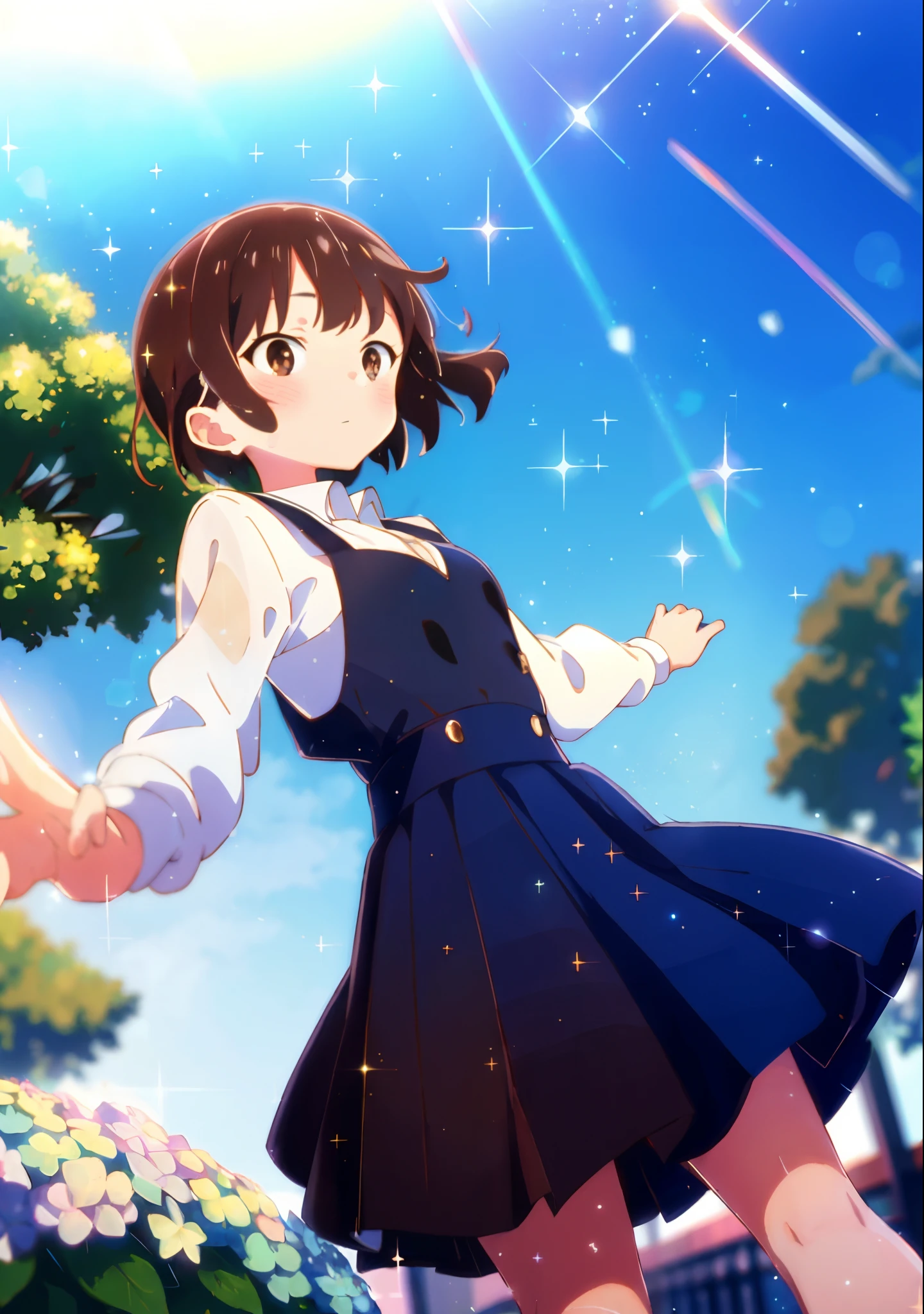 (solo), cute little (1girl) walking,path,[from below:1.2],brown hair,sine short hair,brown eyes,puddle,Water Reflection,rain,floating water drop,hydrangea,(blurry foreground),dynamic angle,asphalt,(blue sky),lens flare,school uniform,(glitter:1.2)