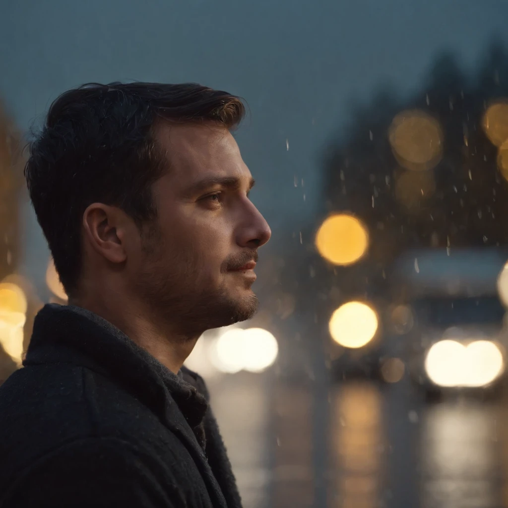 heart shattering, guy watches, rain coming down, nighttime