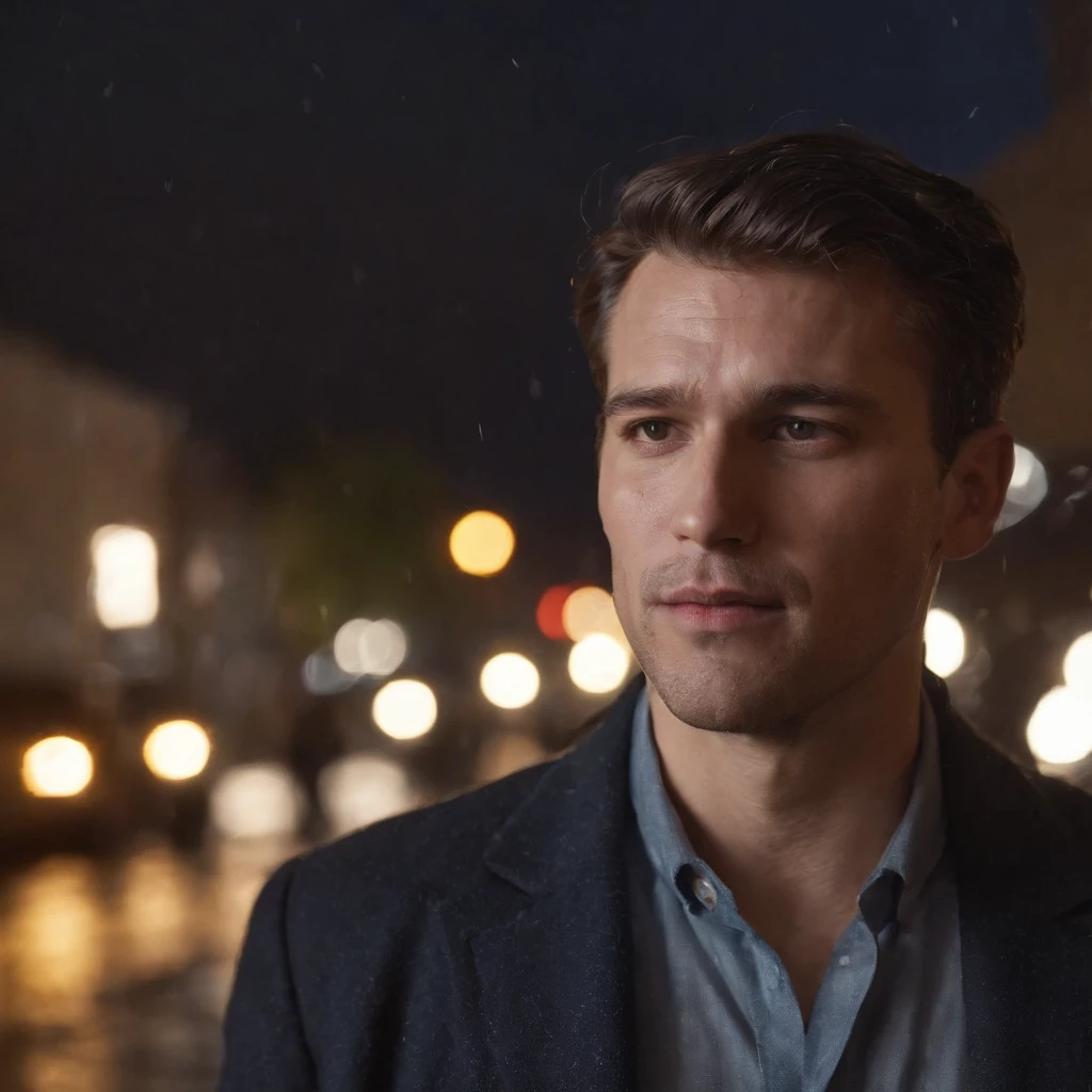 heart shattering, guy watches, rain coming down, nighttime