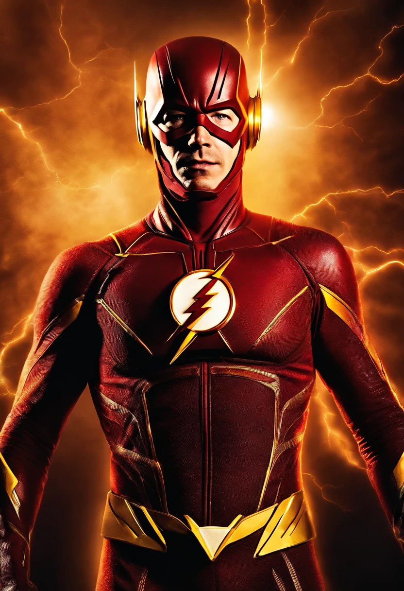 The flash correndo, full body com efeitos de raio bioluminescentes vermelhos e amarelos