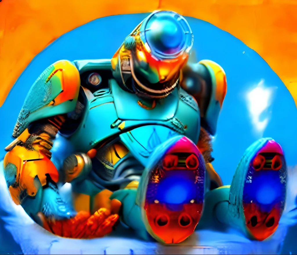 desenho animado de um homem em uma camisa amarela e capacete azul sentado em um cachimbo amarelo, Anime de blob, mecha em forma de peixe-boi, Monstro da tartaruga humanoide, Bender, Futurama, male robotic anthro orca, anthropomorphic turtle humanoid, Giant robot foot, humanoide agachado, Monstros humanoides rastejantes, cel sombreado:15, Robot