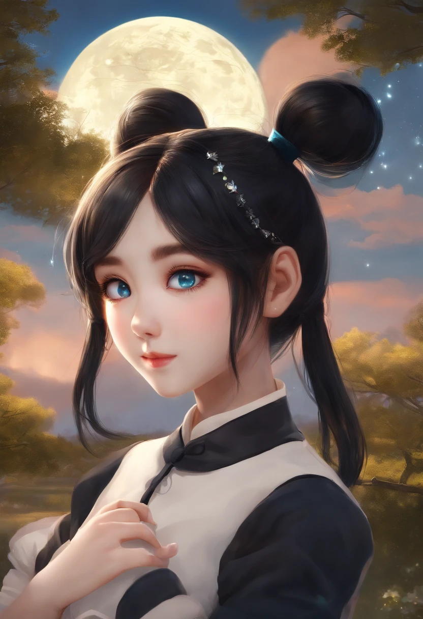shingle, Cyan eyes, black hair, two small ponytails on the head, The symbol of the moon as a forehead, Cheeky face, ssmile, Background park