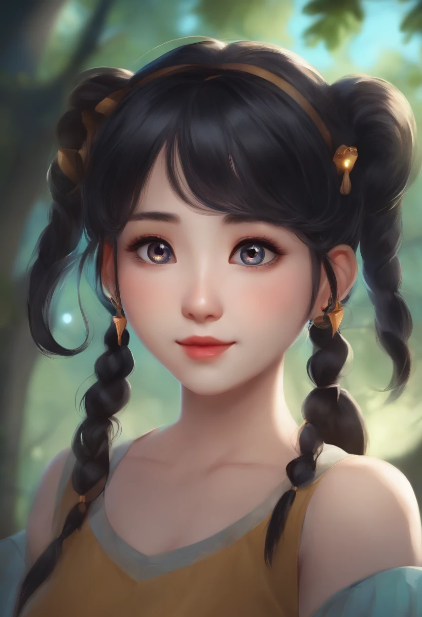 shingle, Cyan eyes, black hair, two small ponytails on the head, The symbol of the moon as a forehead, Cheeky face, ssmile, Background park