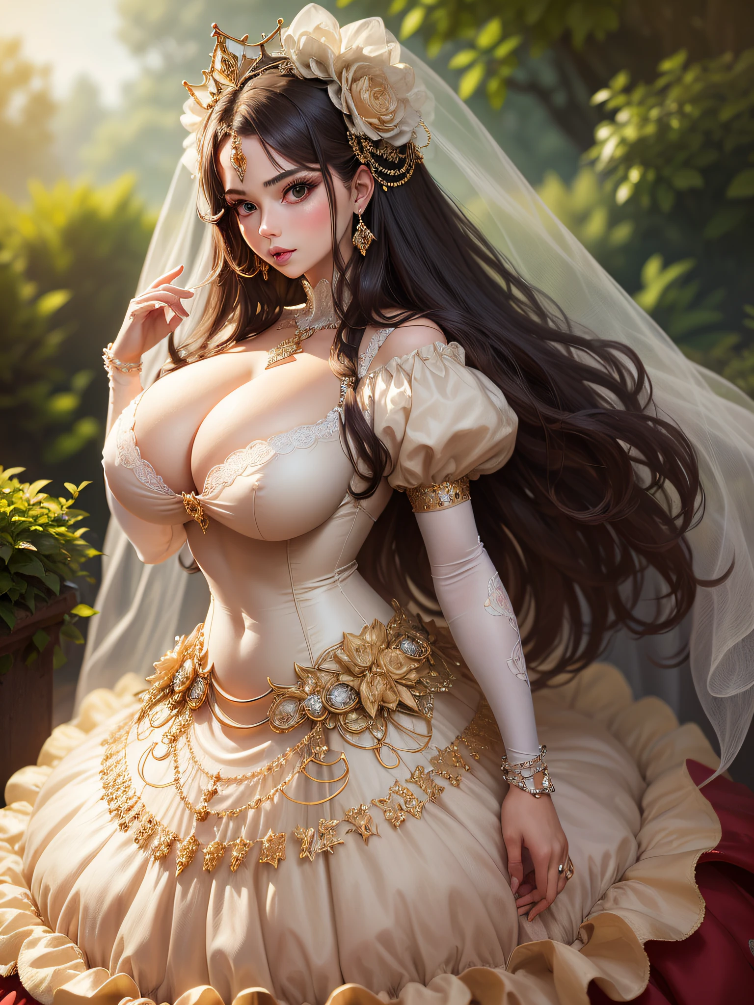 ((anime artstyle)),(Masterpiece),(Best Quality), (Super Detail),((Very Delicate and Beautiful)),cinematic lighting,1 lady,((full body portrait)),((standing in garden)),((solo)),(((1 bling-bling princess in bling-bling jeweled extremely gorgeous princess rococo ballgown with voluminous full length hoop skirt))),an hourglass waist,padded and corseted bodice,(((huge crinoline hoopskirt))),long train,voluminous frills,See-through,(gorgeous embroidery and beautiful lace),(((extremely gigantic tits,skindentation))),cleavage,((large amount of straight hair,extremely voluminous Straight long Hair,Very Long Straight Hair)),(finely detailed face and eyes),clear pupil,extremely gorgeousfull hair ornament,(bling-bling jeweled extremely gorgeousfull tiara),(bling-bling gorgeous gemstone jewelry),long veil,(beautiful background),(full body),((bling-bling jeweled extremely gorgeous princess rococo ballgown with voluminous full length hoop skirt))